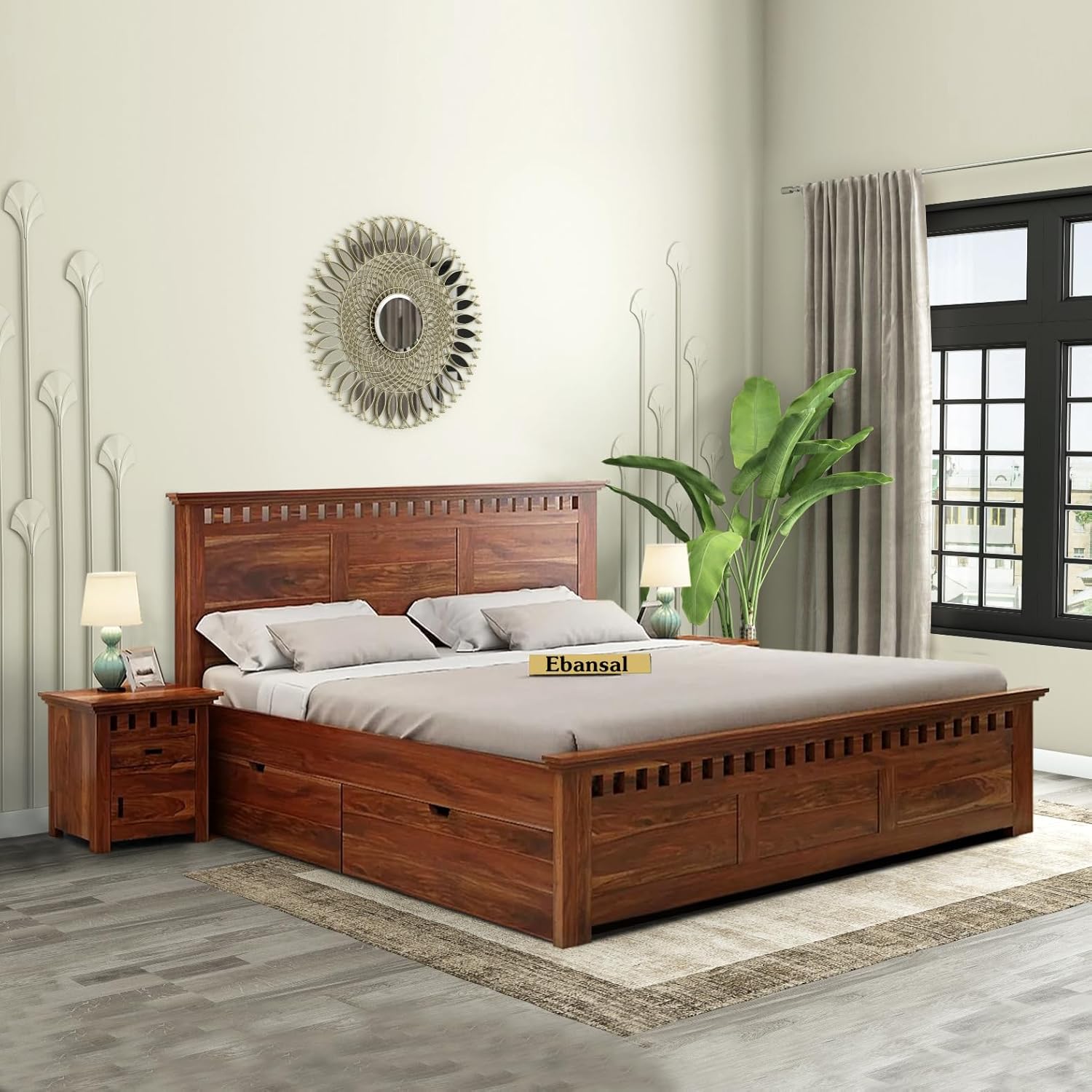 Solid Wood King Size Bed for Bedroom | Wooden Furniture Crafted from Premium Sheesham Wood | Elegant Bedroom Double Bed with 4 Drawer Storage | Honey Finish (82X75X42 Inches) Solid Wood King Size Bed for Bedroom | Wooden Furniture Crafted from Premium Sheesham Wood | Elegant Bedroom Double Bed with 4 Drawer Storage | Honey Finish (82X75X42 Inches)