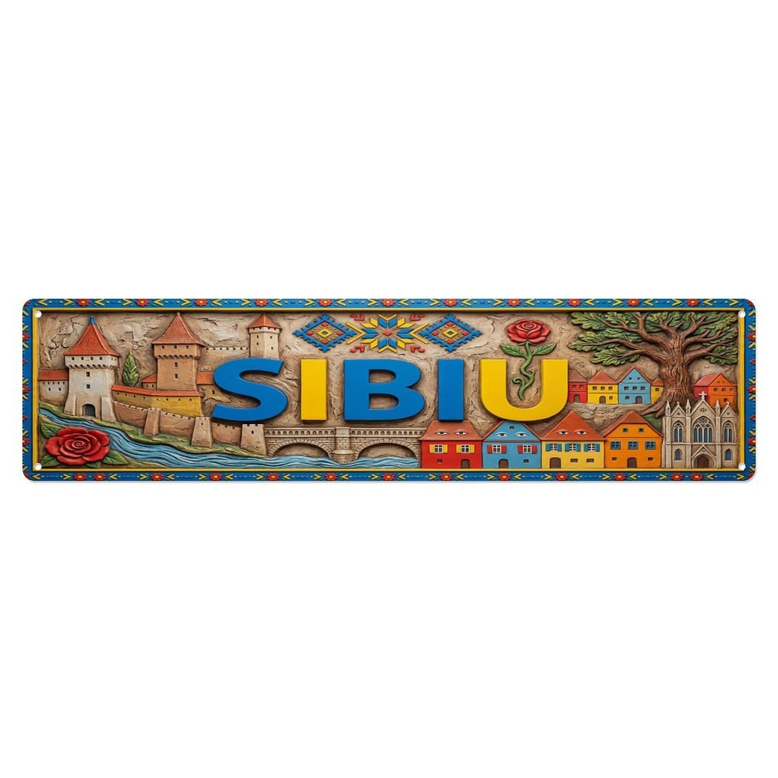 Cwbufd Vintage Style Vintage Sibiu Romania Flag Pattern Vintage Metal Tin Sign Plaque Wall Decor For Cafe, Club Bar, Office, Garden Metal Poster 4X16inch