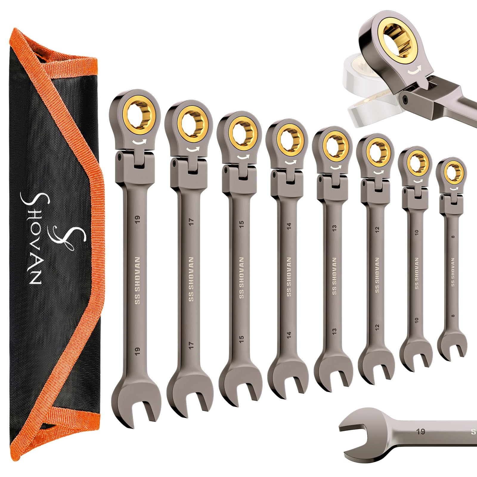 SS Shovan 8-Piece Metric Ratchet Wrench Set (8-19 mm), Open-End Spanner Set for DIY, Bicycle and Car Repairs