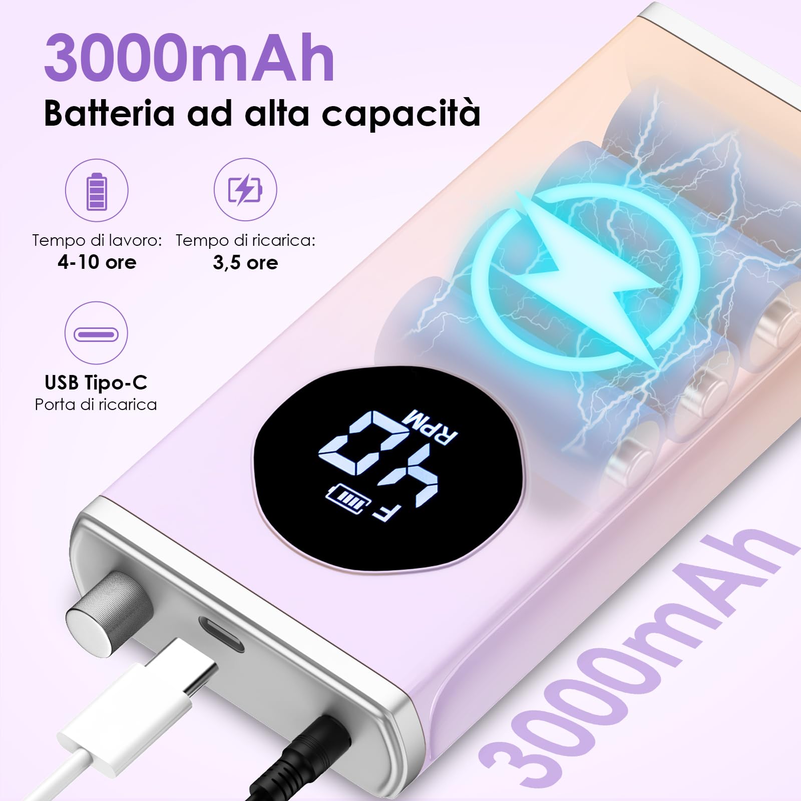 HOMEASY Fresa Elettrica per Unghie Professionale Set Portatile Multifunzione con 16 Testine in Metallo e Ceramica Ricaricabile Display LCD Intelligente per Manicure e Pedicure Viola Rosa