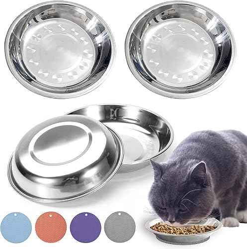 Miniatura 8 de Cuencos de acero inoxidable para gatos, plato de comida poco profunda para gatos, cuencos anchos para gatos, platos anchos para mascotas con mantel