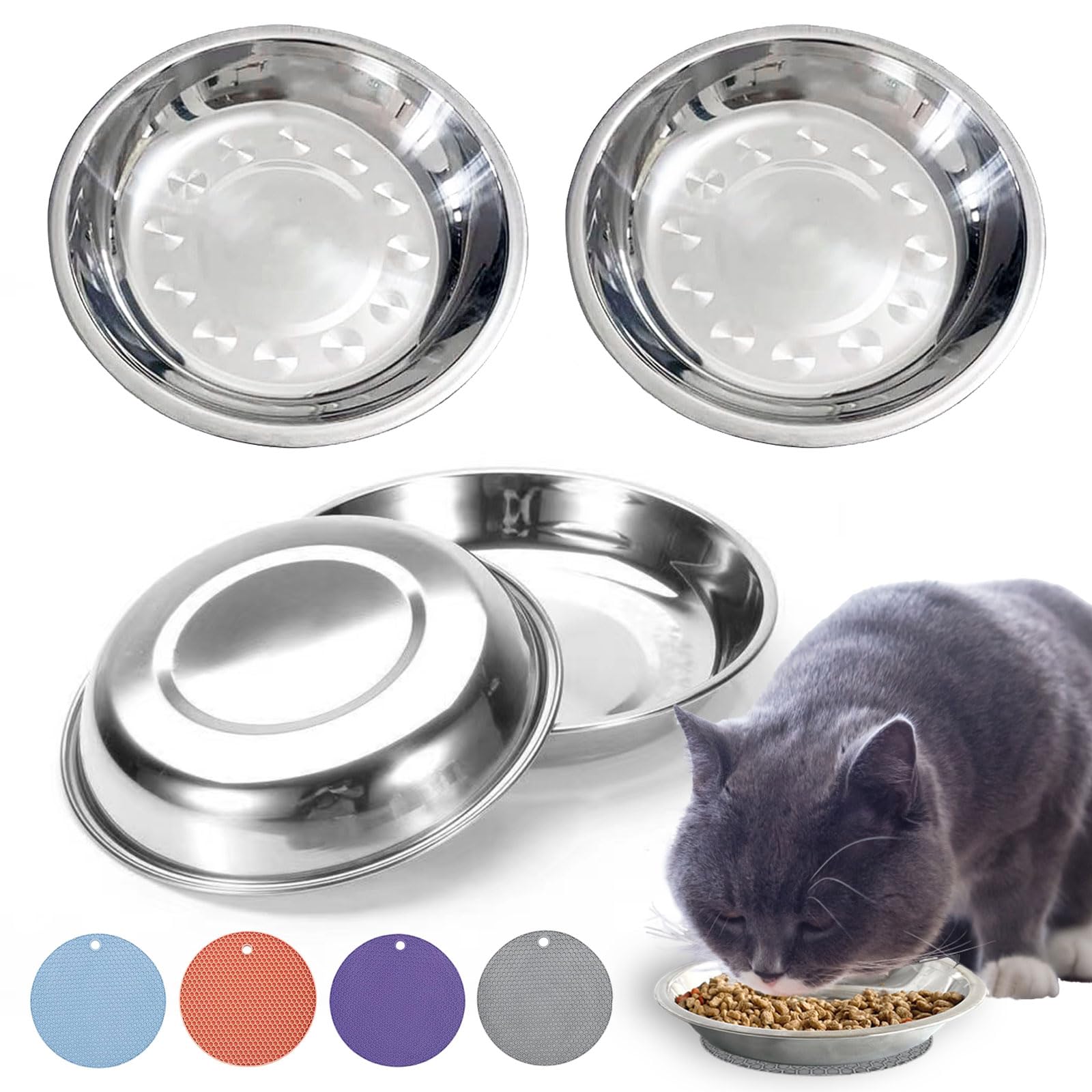 RMNHPTK Stainless Steel Cat Bowls for Food and Water - Relief Whisker Fatigue Shallow Wide Bowl With Non-Slip Placemats for Cats and Small Dogs