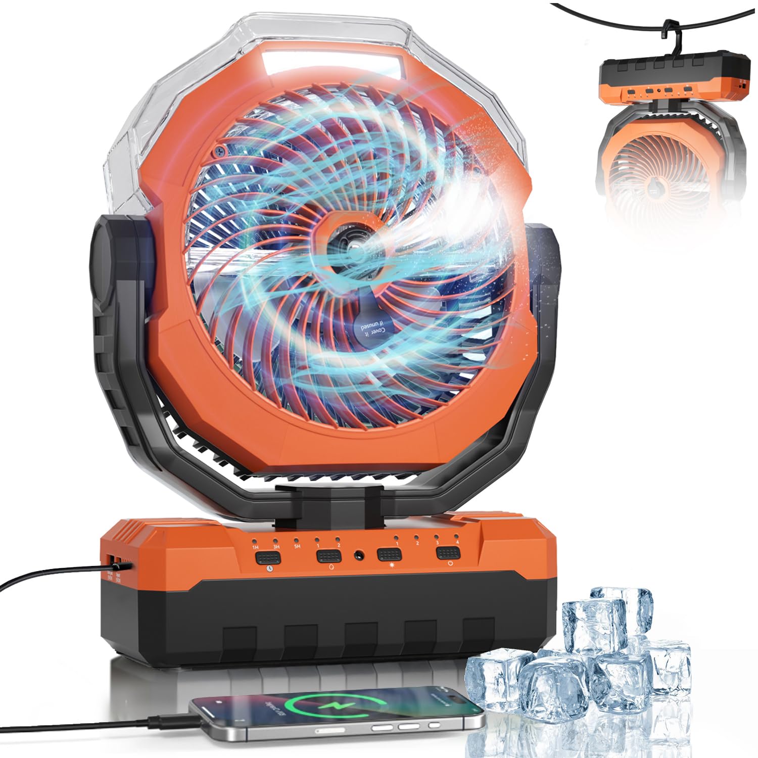 Photo 1 of 460ml Tank Portable Misting Fan,36000mAh Rechargeable Battery Powered Camping Fan with 4 Speeds,3 Timers,2 Light Modes,Jobsite Beach Summer Essentials,Mist Fan for Indoor Outdoor Patios Travel,Orange