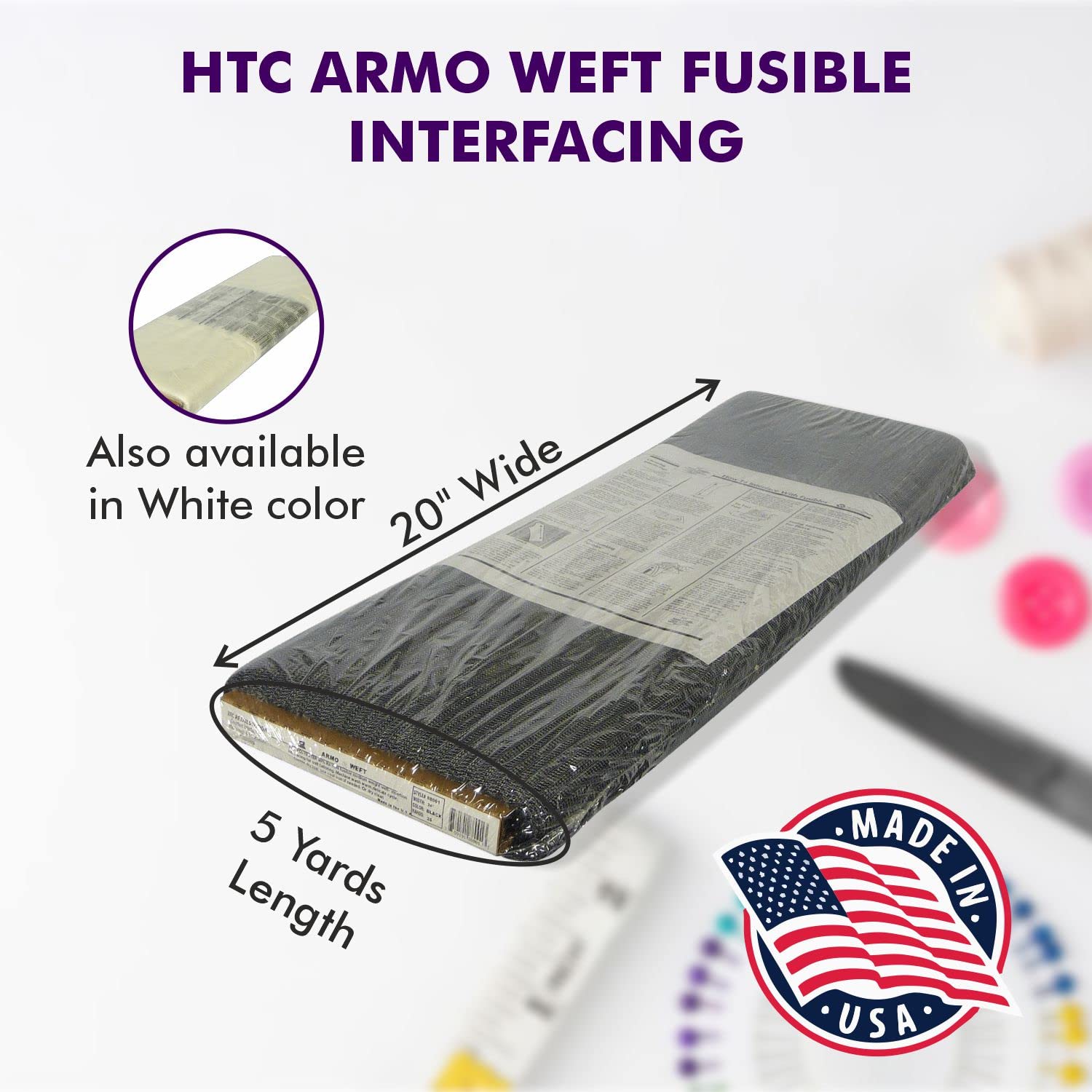 Superpunch Armo Weft HTC88002 Interlining/Interfacing - 20 Inches Wide, Medium Weight Woven Iron On Fleece Fusible Interface for Sewing, Polyester, Rayon, Sold in 5 Yard Package, Made in USA (Black)