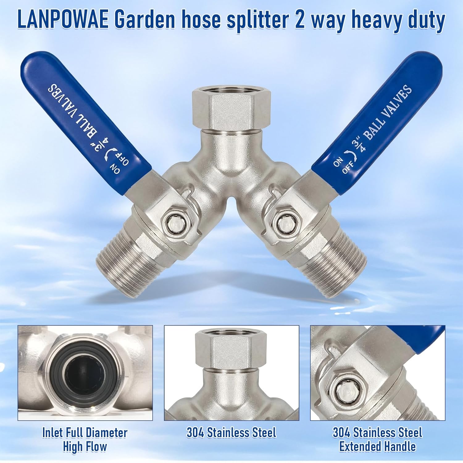 Garden Hose Splitter 2 Way, 304 Stainless Steel Heavy Duty Y Valve Water Hose Splitter With Long Handle Outdoor Full Flow Hose Splitter Connector, 3/4 Inch GHT Thread.