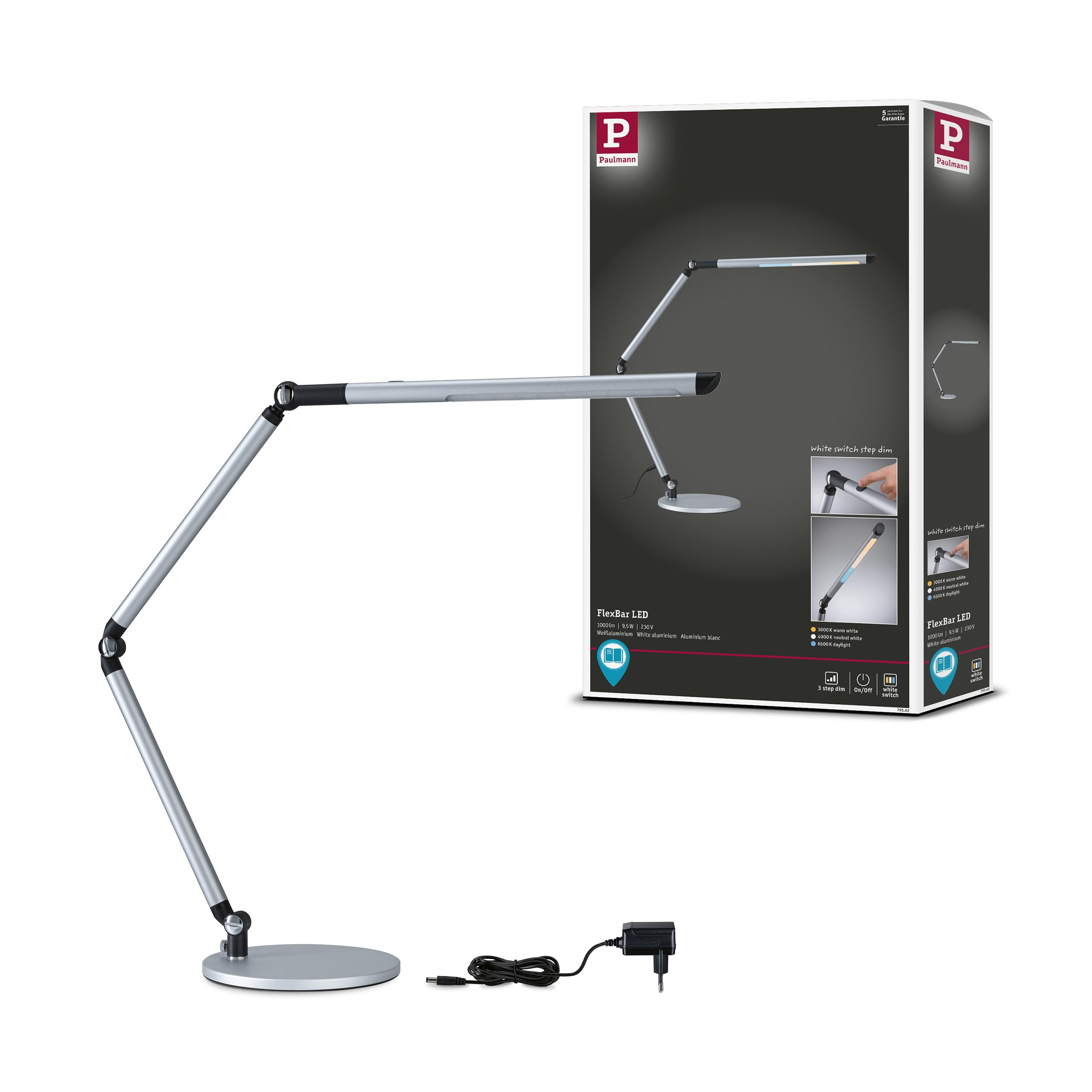 Paulmann 79562 Lampe de bureau LED 3-Step-Dim FlexBar White Switch 700lm 9,5W Argent mat