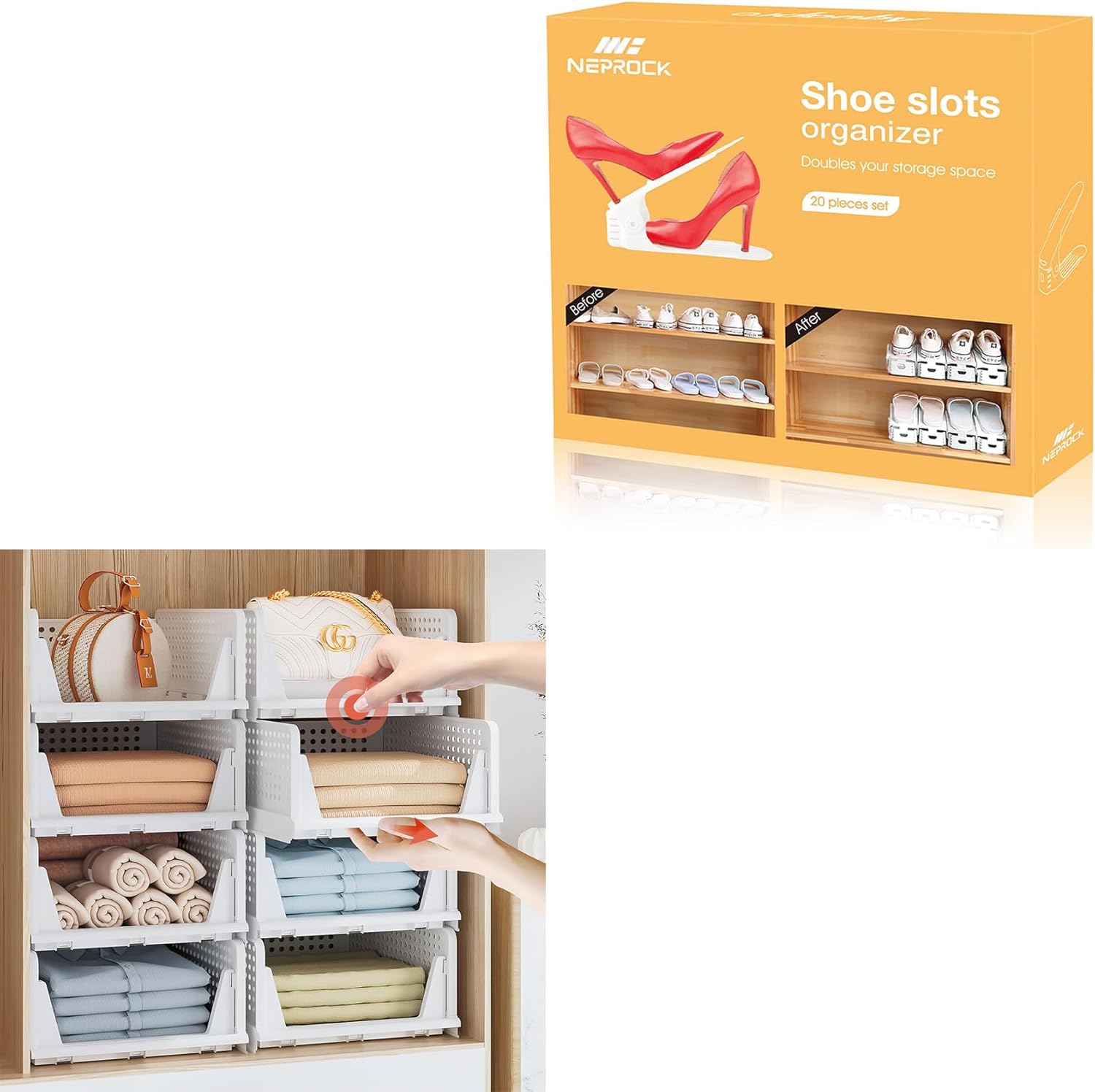 Neprock 20-Pack White Shoe Slots Organizer Bundle with 5L Clothes Organizer Drawers