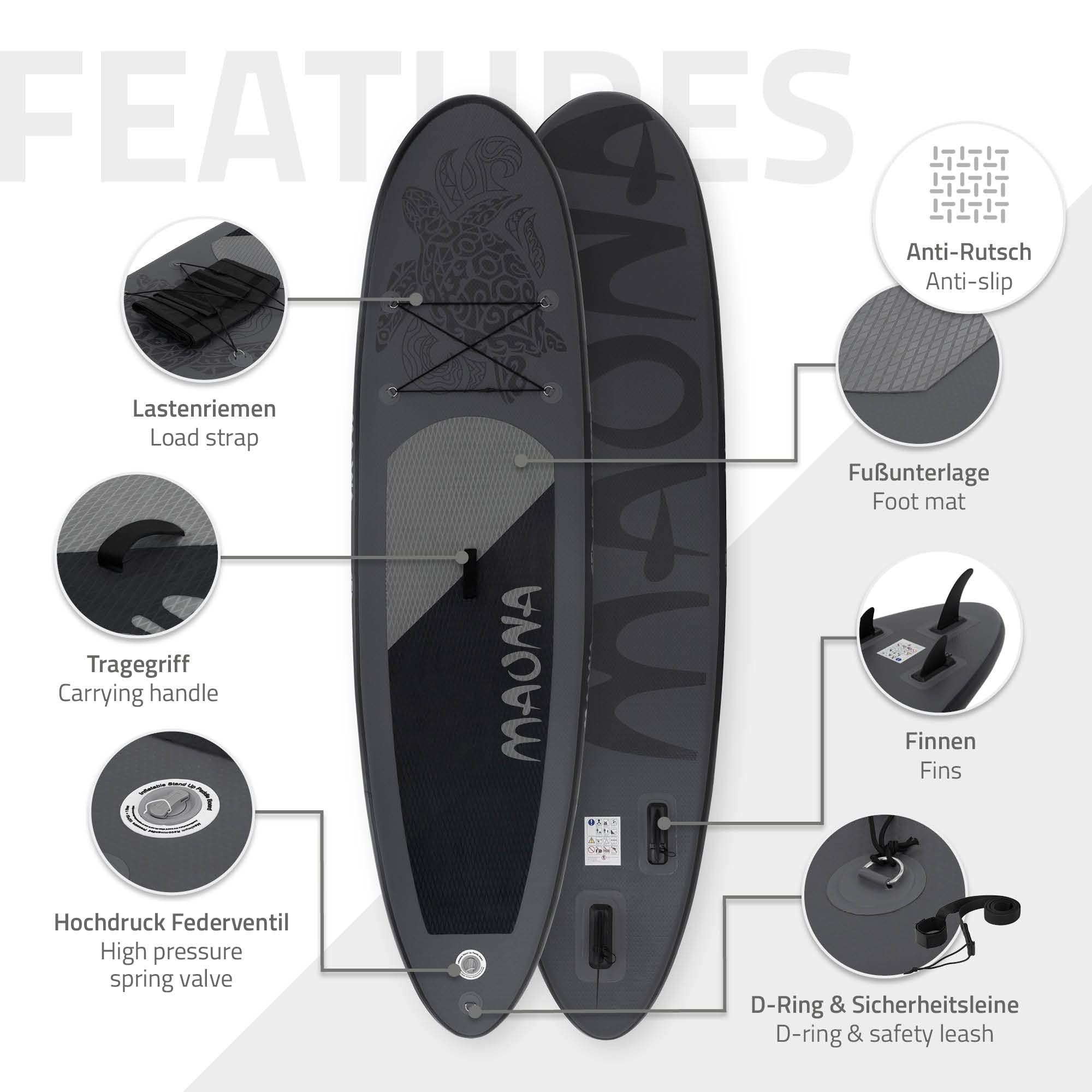 ECD Germany Maona nadmuchiwana deska do paddleboardingu, turkusowa/czarna/różowa/szara/oliwkowa, 308 cm, wykonana z PCW, aluminiowe wiosło, kompletny zestaw, deska SUP, deska surfingowa