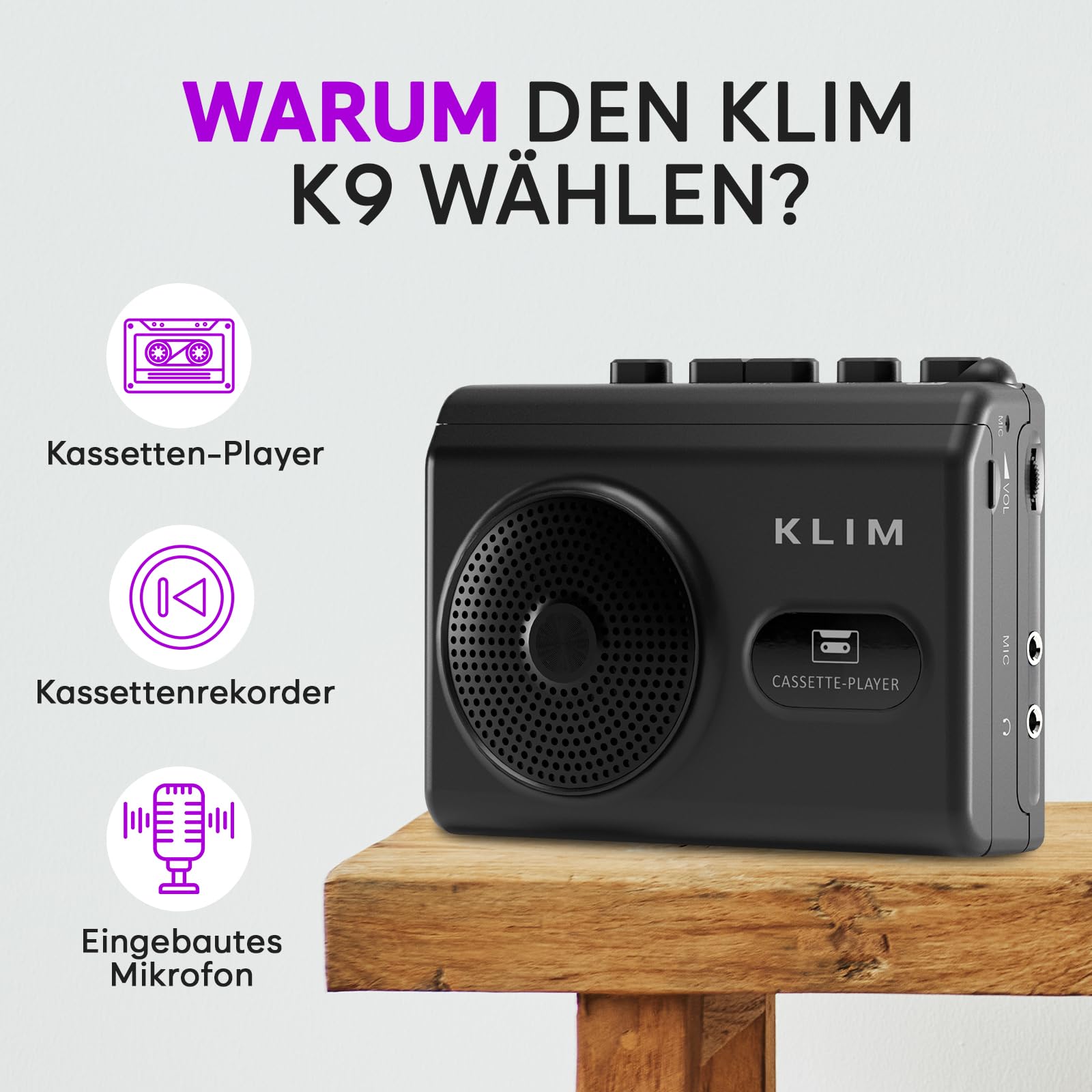 KLIM K9 Kassettenspieler – Tragbarer Cassette Player & Kassettenrecorder mit Lautsprecher, Mikrofon & Kopfhöreranschluss, Batteriebetrieben, Inkl. Kopfhörer