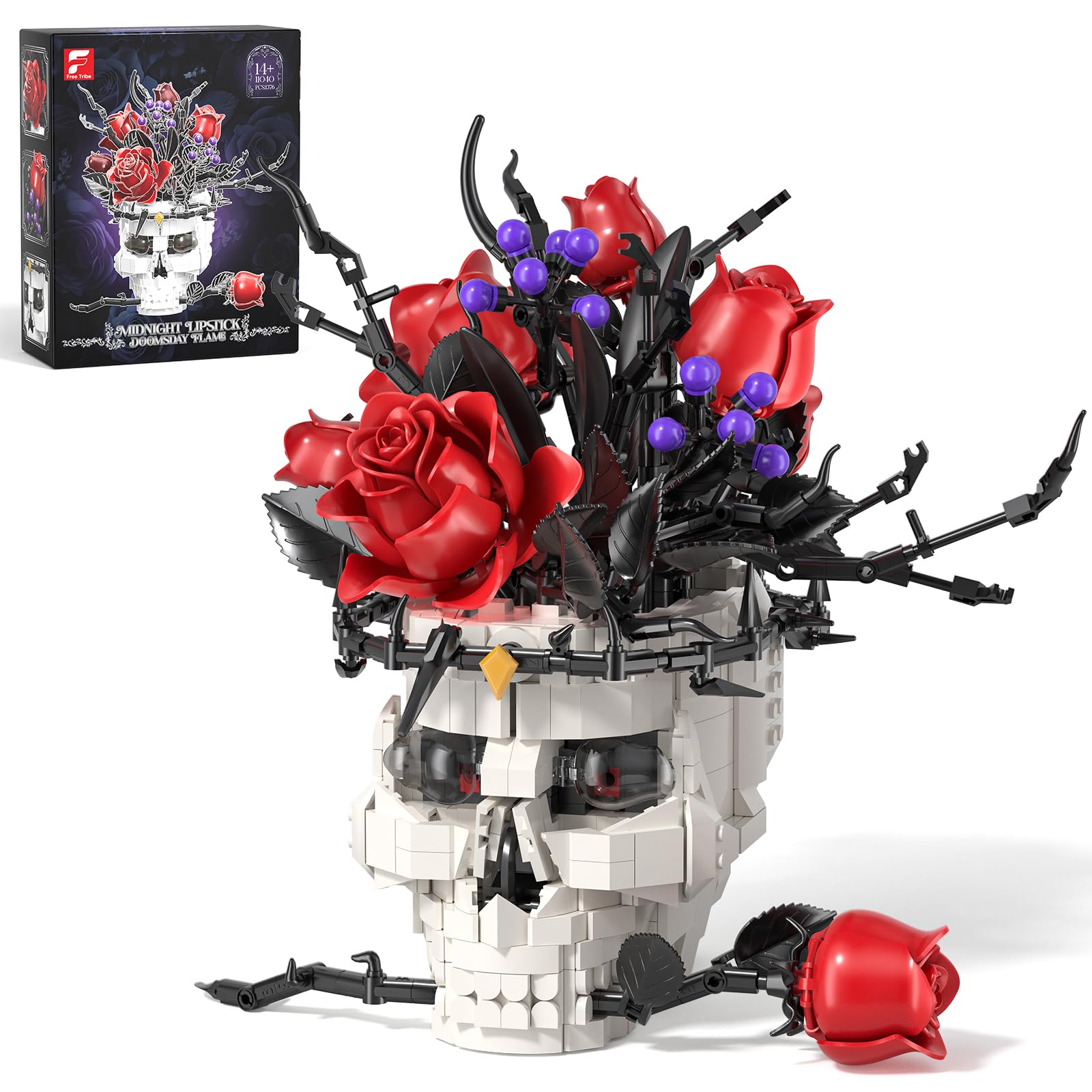 Roses Flower Bouquet with Skull Vase Building Set, Gothic Botanicals Roses Building Blocks for Adults, Skulls Artificial Flowers Gifts for Women on Valentine's Day, Anniversary, Gothic Home Decor