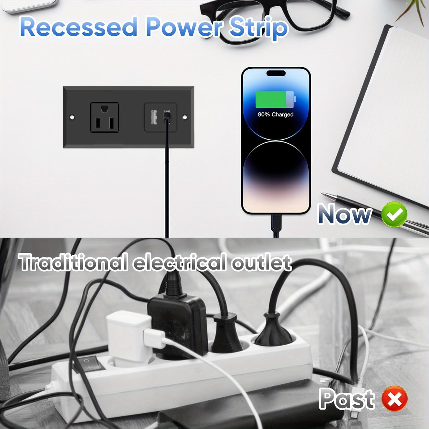 Small Recessed Power Strip Plug Extension Cord Hidden Charging Station with Inset USB Electrical Outlet Extender Flush Mount Surge Protector for Desk Furniture NightStand Under Desk (Black)