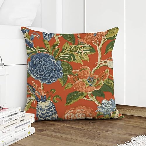 Miniatura 5 de Funda de almohada azul floral chinoiserie sobre naranja, peonía, elegante, asiática, funda de almohada decorativa retro, decoración del hogar para
