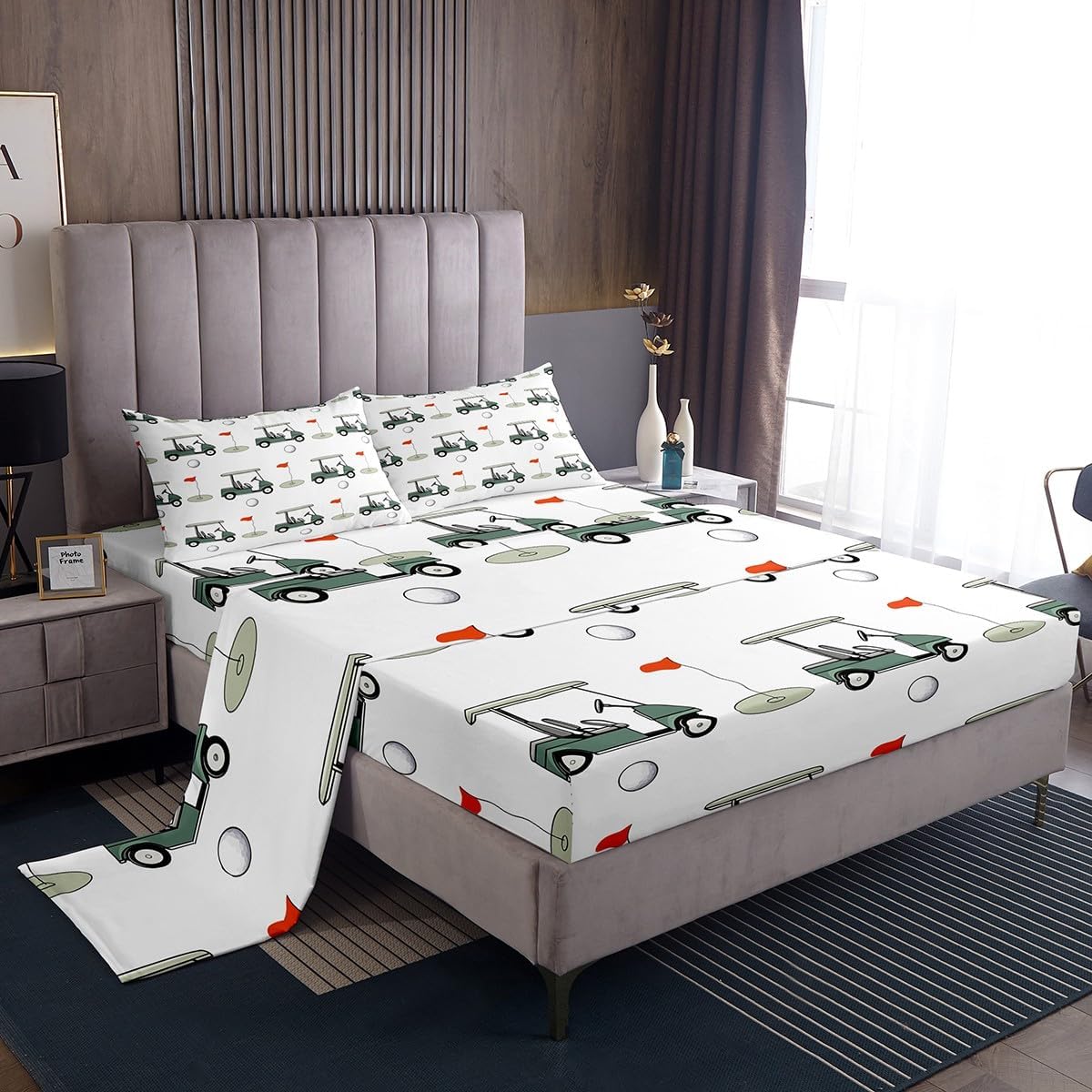 Feelyou Golf Sheets Ball Games Themed Bedding Set for Kids Boys Girls Golf Club Bed Sheets Green Course Sheets Set Bedroom Collection 4Pcs Queen Size,1 Fitted Sheet+2 Pillow Sham+1 Flat Sheet