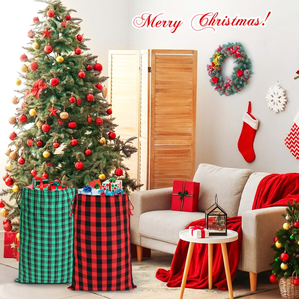 HRX Package 2pcs Cotton Santa Bags, 27.5x19inch Large Fabric Drawstring Christmas Gift Bags, Holiday Gift Wrap with Gift Tag for Presents