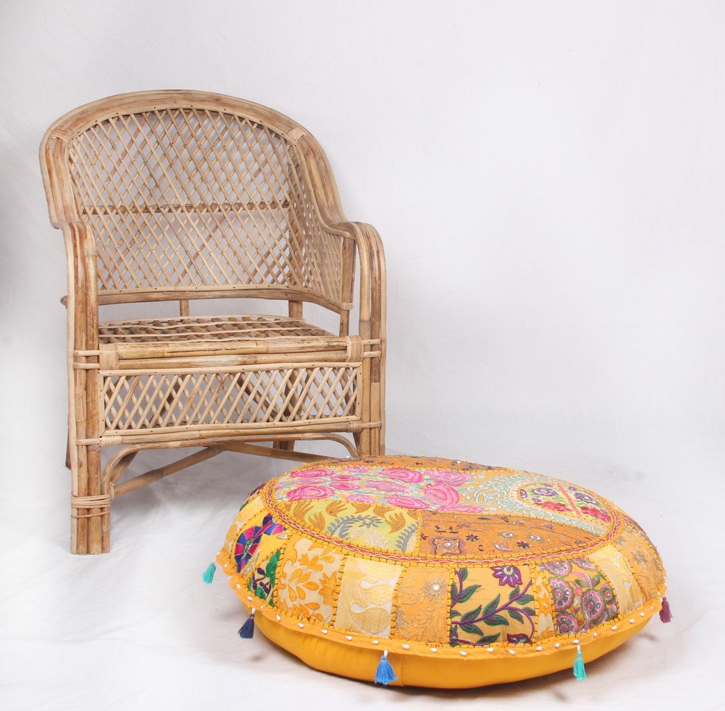 Jaipur Textile Hub Patchwork Cotton Boho Chic Bohemian Hand Embroidered Round Floor Pillows & Cushion Cover Seating Pouf Ottoman (Yellow, 32 Inch Approx)