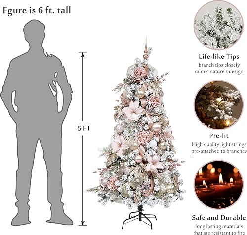 Miniatura 2 de WBHome Árbol de Navidad artificial preiluminado de 5 pies con 200 luces LED y adornos enchufables, decoraciones de Navidad temáticas de oro rosa