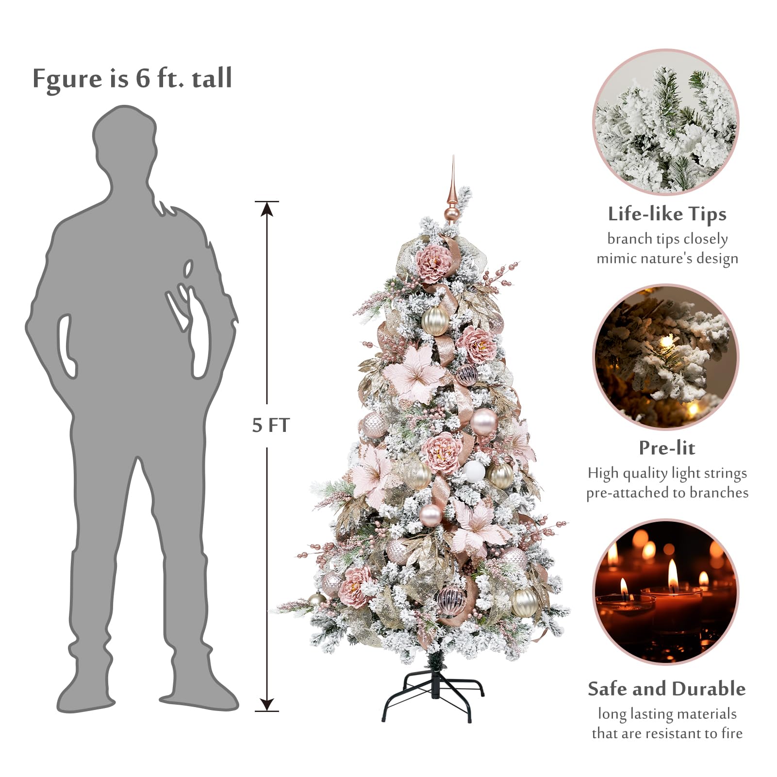 WBHome 5FT Pre-lit Artificial Christmas Tree with 200 Plug-in LED Lights and Ornaments Set Package, Rose Gold Themed Christmas Decorations