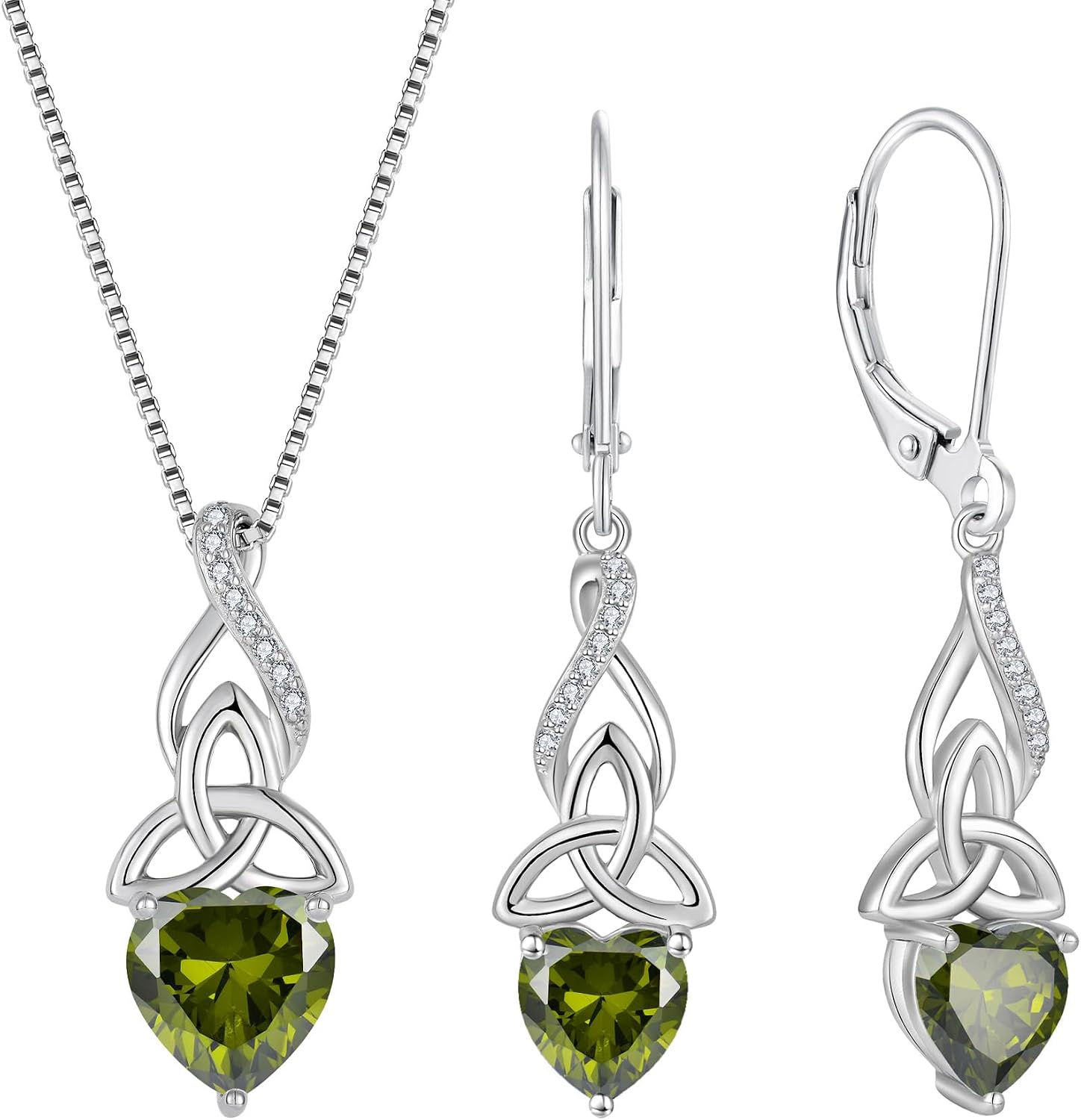 Infinity Celtic Knot Jewelry Set for Women 925 Sterling Silver Irish Necklace Peridot Dangle Drop Leverback Earrings August Birthstone Jewelry for Mom