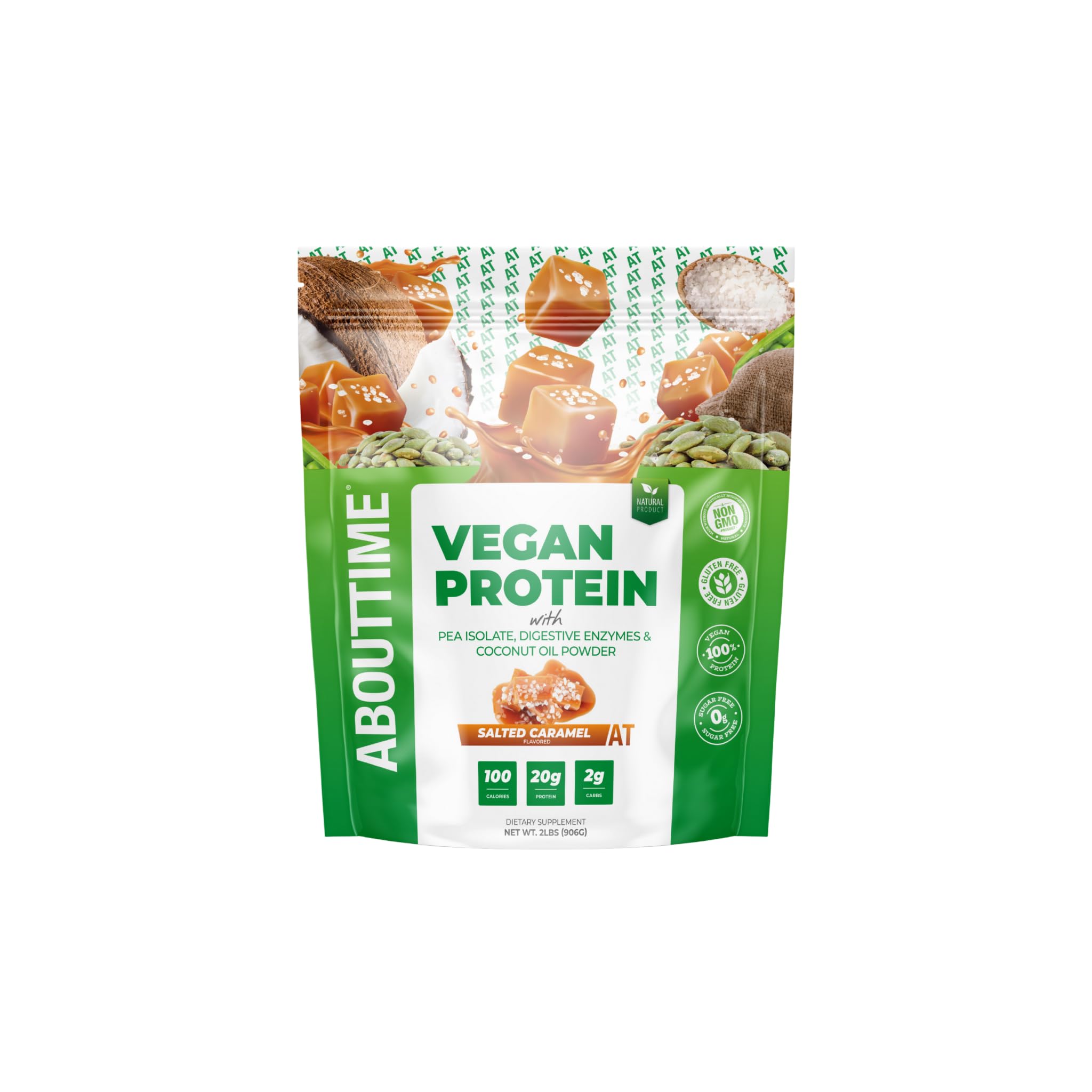 About Time Vegan Protein Powder 20g Salted Caramel, Natural Ingredients, Non-GMO, Plant Based, Gluten Free, Soy Free, Dairy Free, 32 Servings