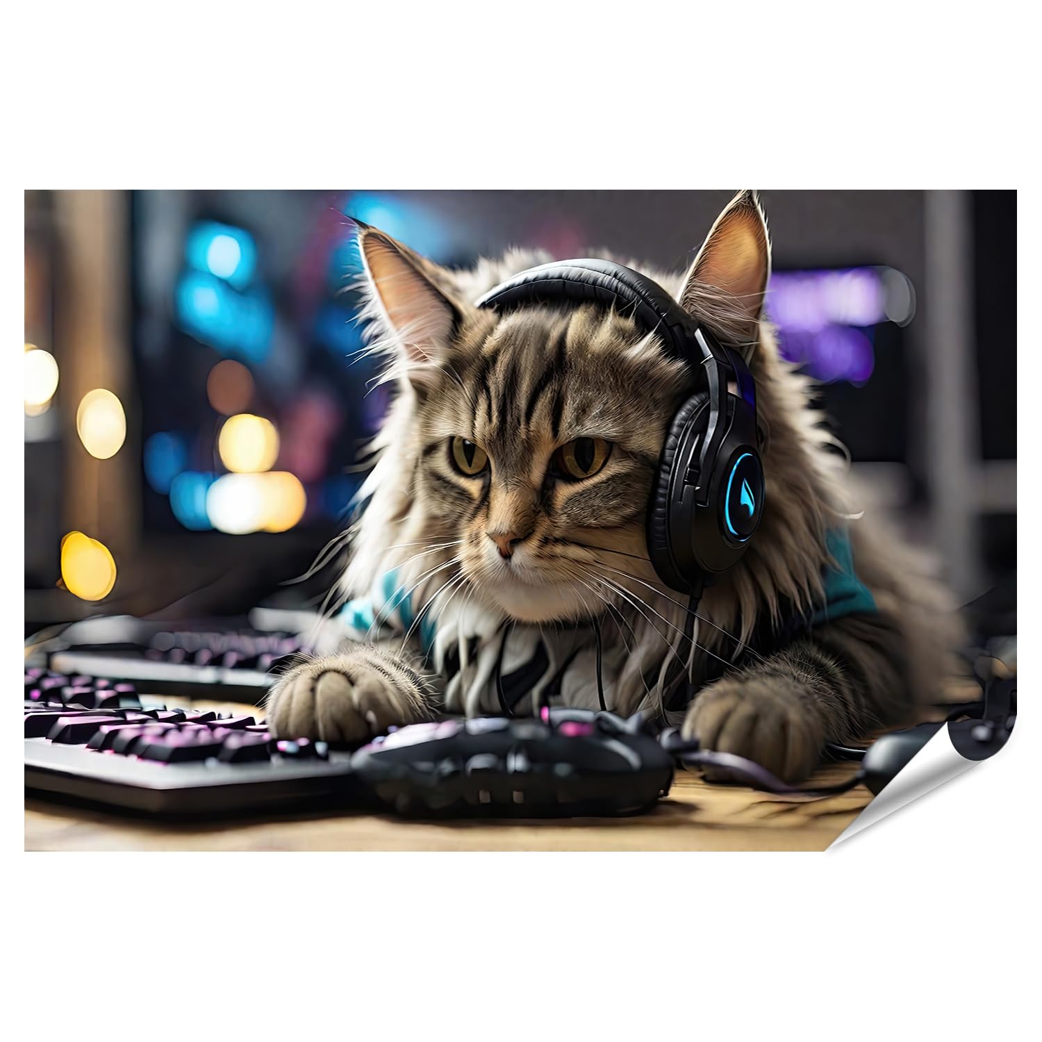 islandburner Prime XXL Imagen Póster Gamer Gato Auriculares en su Configuración Jugar Videojuegos PC KI Premium Imágenes Impresión fotográfica