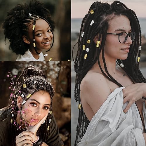 Miniatura 6 de Flosius 100 cuentas de hierro de metal para mujer trenzas accesorios para el cabello dorados anillos para el cabello plateados puños ajustables