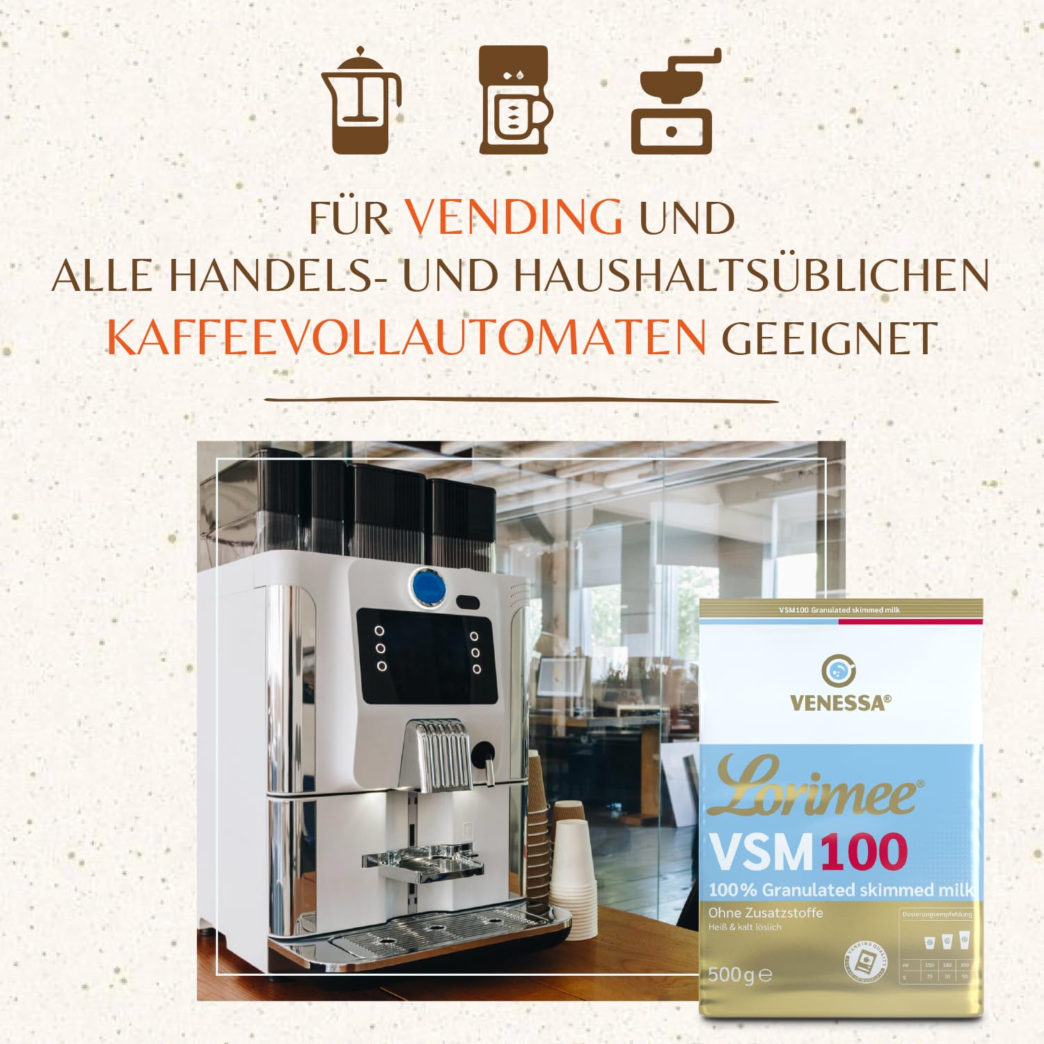 Venessa VSM 100 Lorimee 10 x 500 g odtłuszczonego mleka w proszku granulat wysokiej jakości Skimmed Milk w proszku do udoskonalania kawy z mleka, nadaje się do wszystkich produktów Vending