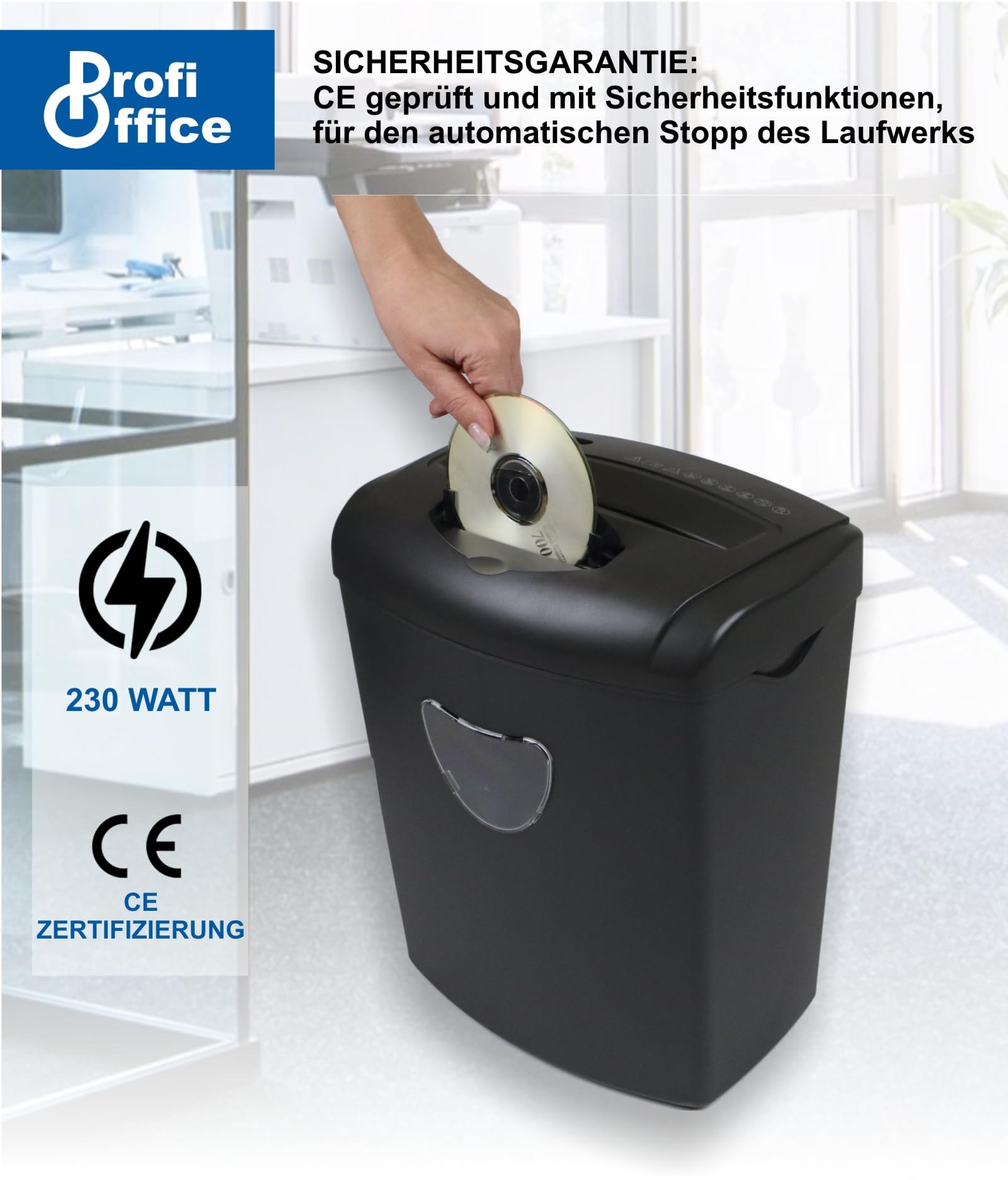 Niszczarka do dokumentów Premium Home Office ProfiOffice Piranha 10CD – cięcie krzyżowe 10 arkuszy jednocześnie, poziom bezpieczeństwa zgodny z P4 RODO, niszczy płyty CD i karty kredytowe w dodatkowym