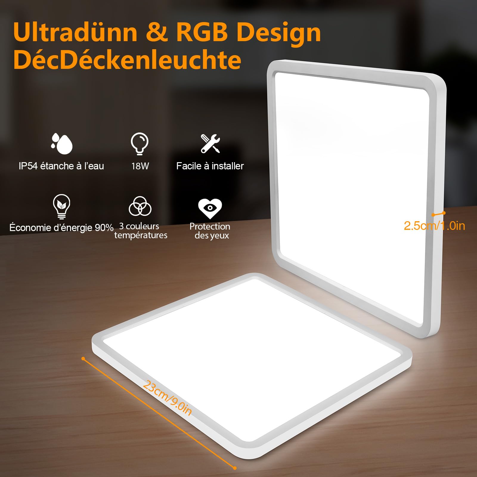 Plafonnier LED 18W, 6000K/4000K/3000K, 1800LM IP54 Ultra Plat, LED Plafond Carré Moderne pour Salle de Bain Cuisine Couloir Chambre Balcon Salon Diamètre Ø23 cm, Blanc Lot de 4