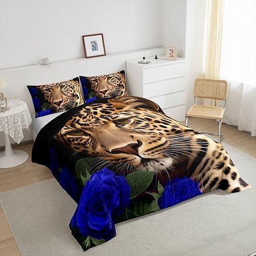 Miniatura 4 de Erosebridal Juego de ropa de cama de guepardo con rosa azul, juego de edredón con estampado de leopardo y gato, edredón romántico de plumón con
