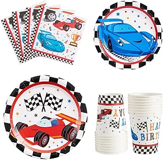 WERNNSAI Racing Car Party Supplies for Boys - Serves 16 Guests Disposable Party Tableware Kit Includes Paper Luncheon Dinner Dessert Cake Plates Napkins Cups Birthday Party Dinnerware
