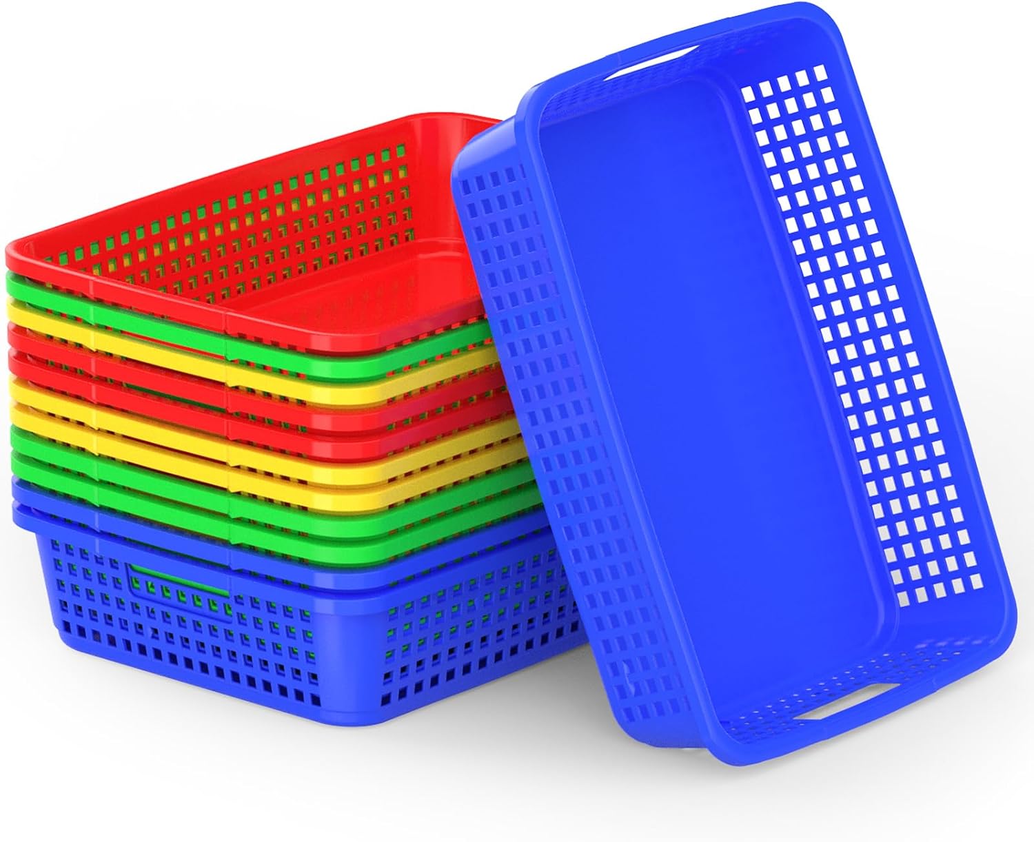 12 Pack Classroom Storage Baskets 15''x10''x3'' Large Plastic Paper Trays with Handle Letter Size A4 Paper Toy Basket Turn in Trays for Library Office Desk Drawer Organizing (12, Bright Color)