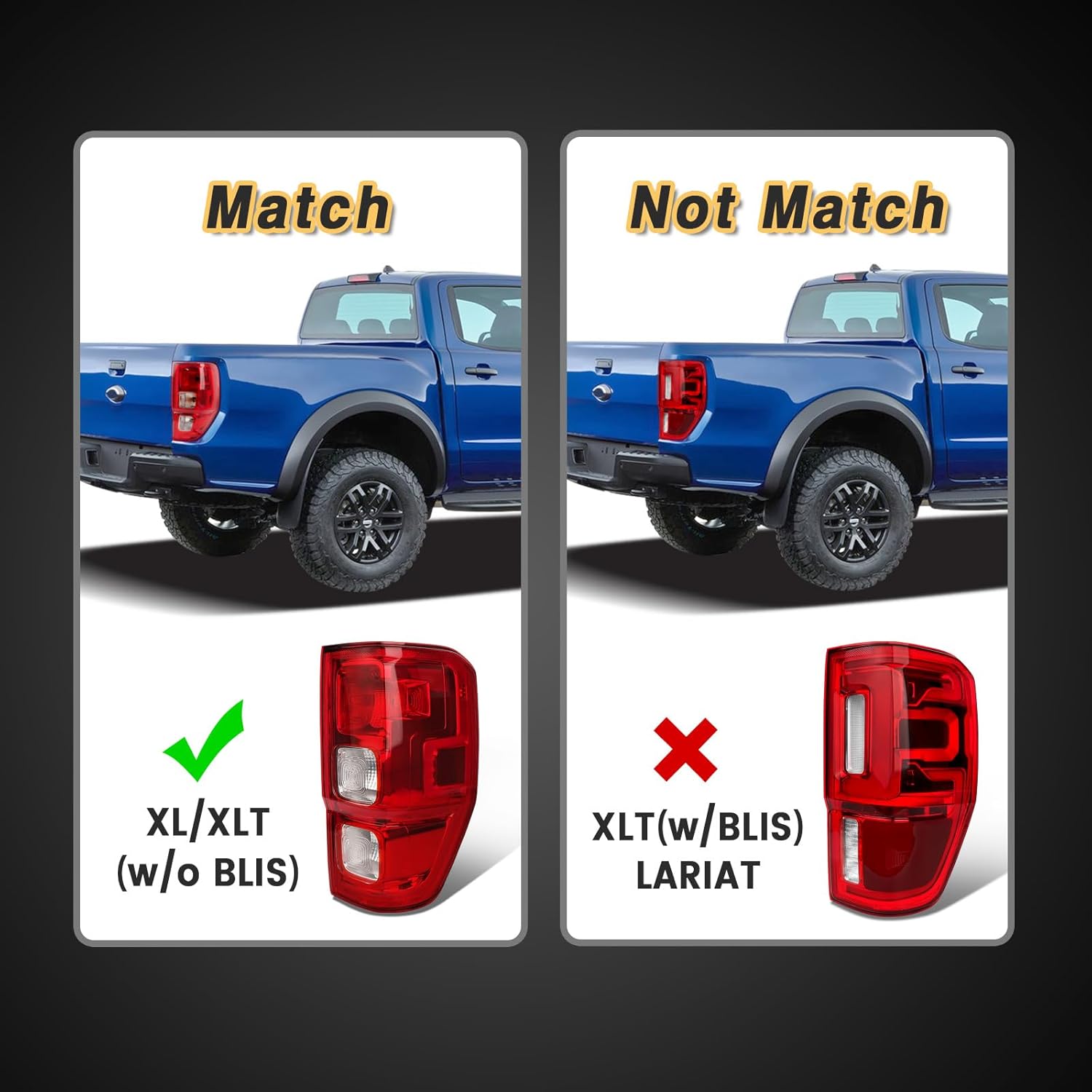 Tail Lights Compatible with 2019-2023 Ford Ranger XL Halogen Type W/O Blind Spot Rear Brake Lamp Signal Assembly ‎Taillights Replace KB3Z13404F (Halogen, Right Passenger Side)