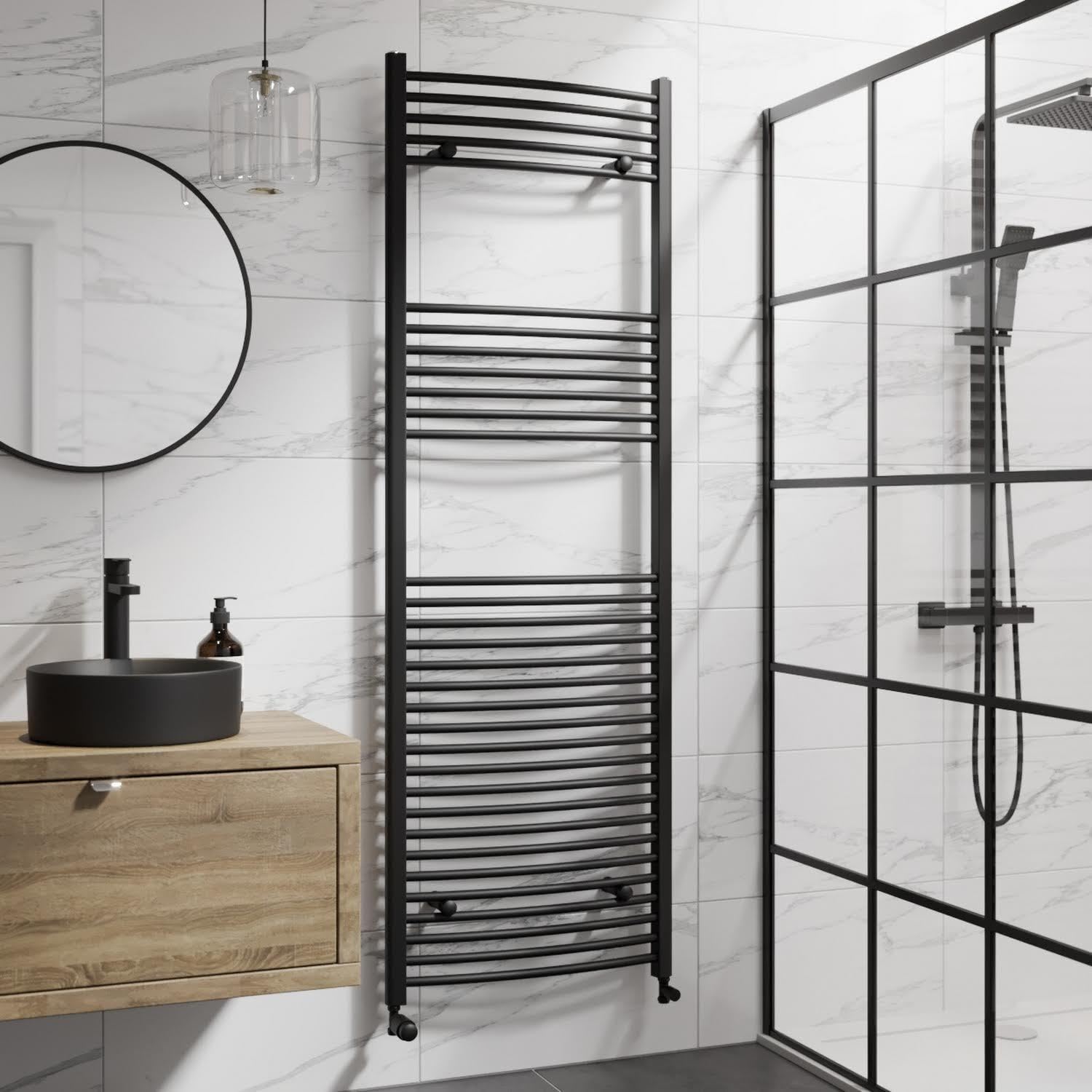 Duratherm Black Duratherm® 1800 X 600Mm Curved Heated Towel Rail Radiator Modern Central Heating Bathroom Warmer Wall Mounted Ladder Rad, Matt