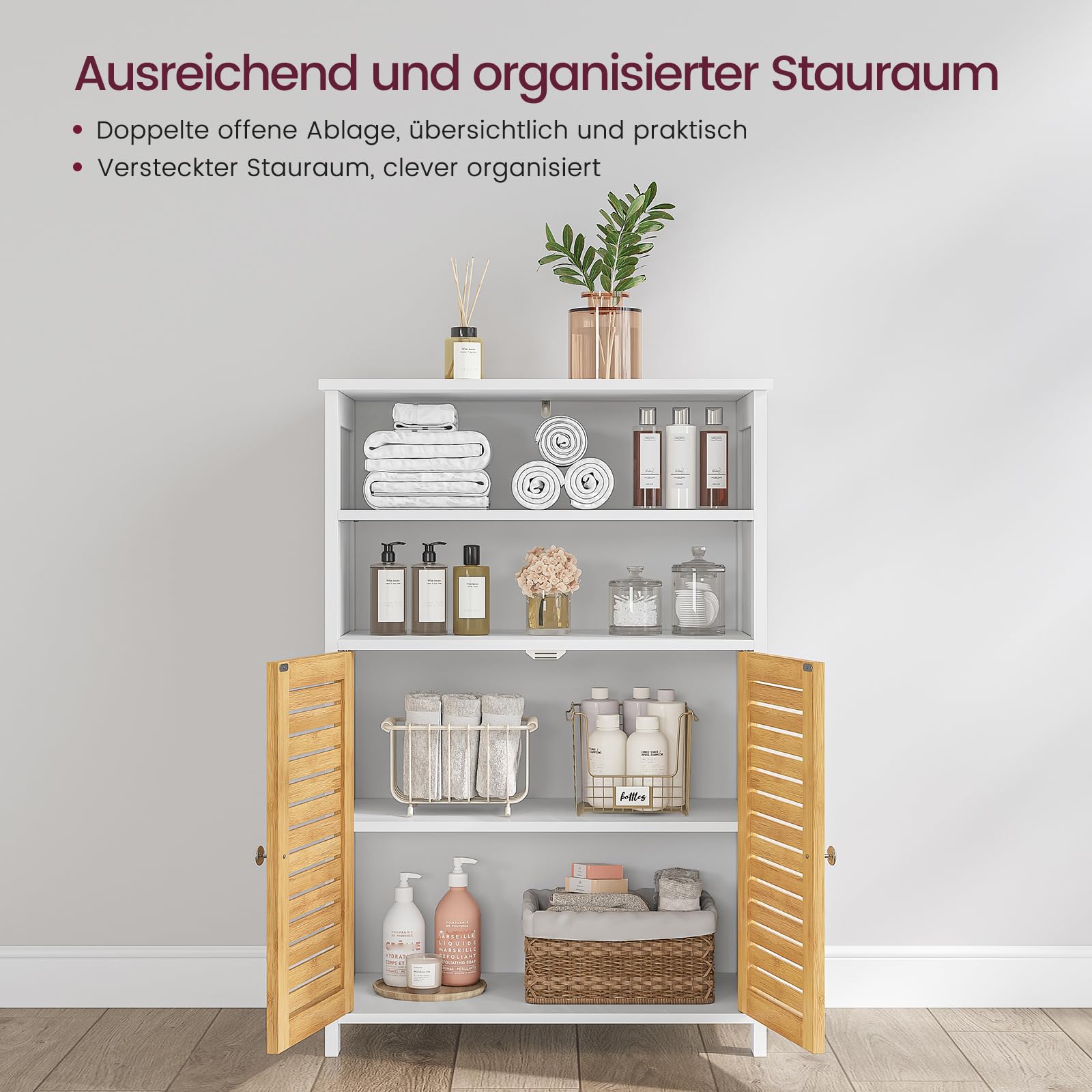 Meuble de Salle de Bain, Armoire de Rangement Cuisine avec 2 Compartiments Ouverts et 2 Portes en Bambou, Meuble de Rangement pour Salle à Manger, Cuisine, Salon, 60x30x100 cm