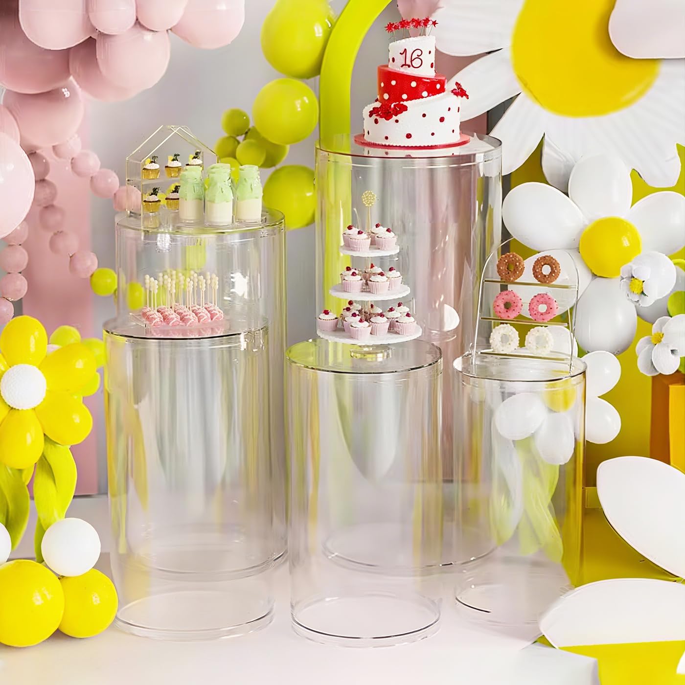 5Pcs Clear Cylinder Pedestal Stands for Party, PVC Pedestal Display Stands Thickened Sturdy Acrylic Column Tables Display Plinth Pillars for Wedding, Birthday, Event