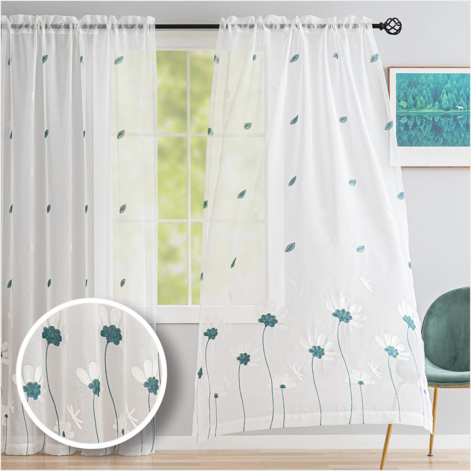 Photo 1 of Sheer Curtains 72”Length 2 Panels Set, Embroidered Semi Sheer Voile Curtain Panels, Rod Pocket Floral Window Drapes for Living Room (Daisy with Wind - 403, 52W x 72L) 52W x 72L | 2 Panels 403 - Rod Pocket | Daisy With Wind