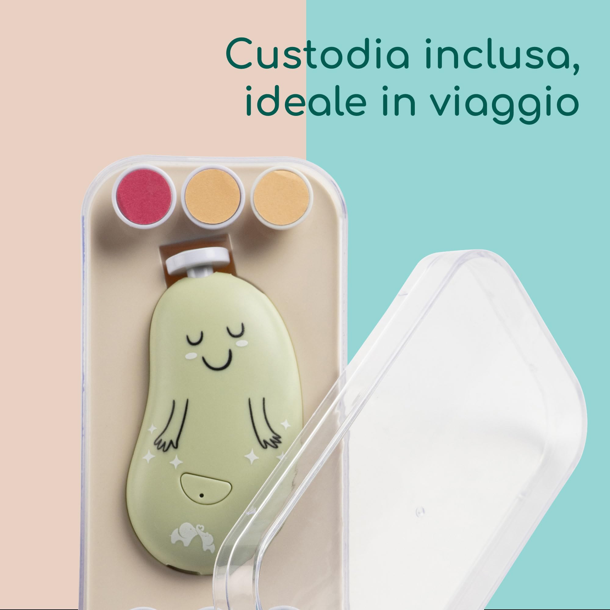 Bebeconfort Lima Elettrica per Unghie Neonato, Dalla Nascita, Neonati e Bimbi Piccoli, 7 Lime per Unghie di Varie Texture, Ricarica USB-C, 3 Velocità, Luce a LED Incorporata, Custodia Inclusa, Verde