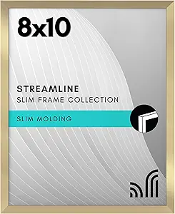 Americanflat 8x10 Picture Frame with Shatter-Resistant Glass - Streamline Collection - Thin Border Picture Frame for Tabletop and Wall Display - Hanging Hardware and Easel Stand Included - Gold