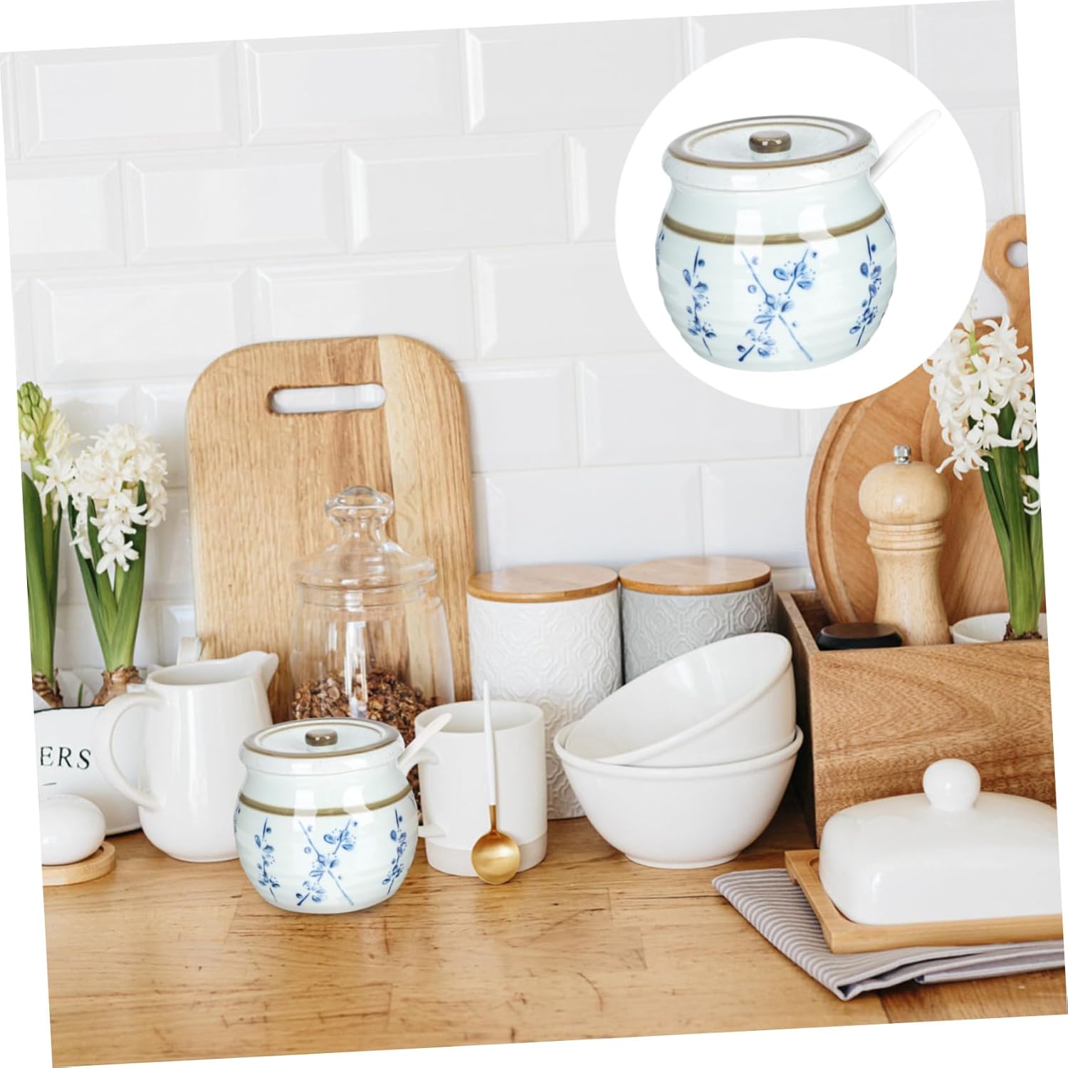 Ceramic Seasoning Container with Lid and Spoon Japanese Style Spice Jar for Salt Chili and Cooking Ingredients Food Storage Jar for Kitchen Use