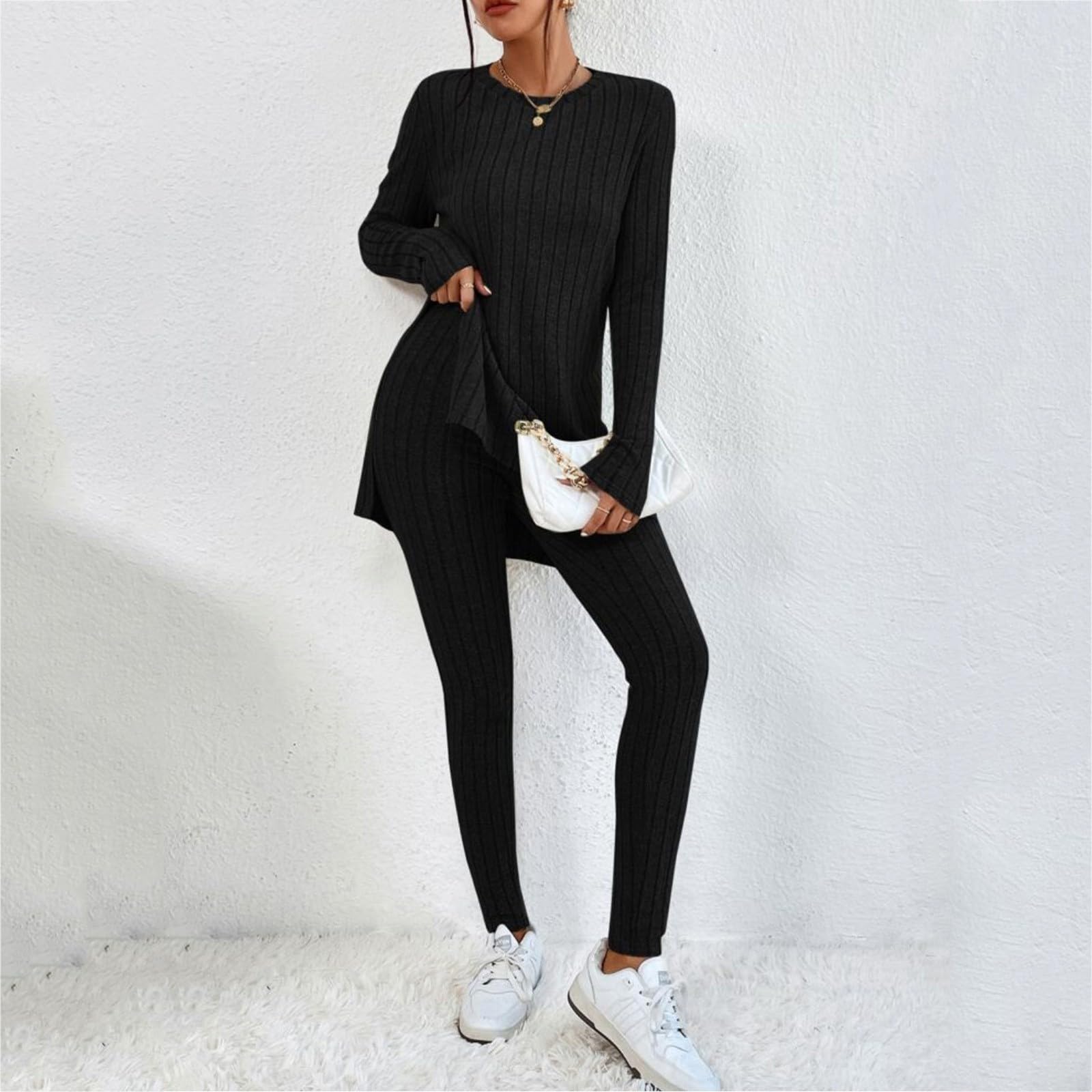 2024 da donna in due pezzi Set manica lunga girocollo T-shirt con orlo a fessura Pantaloni a vita alta Tuta