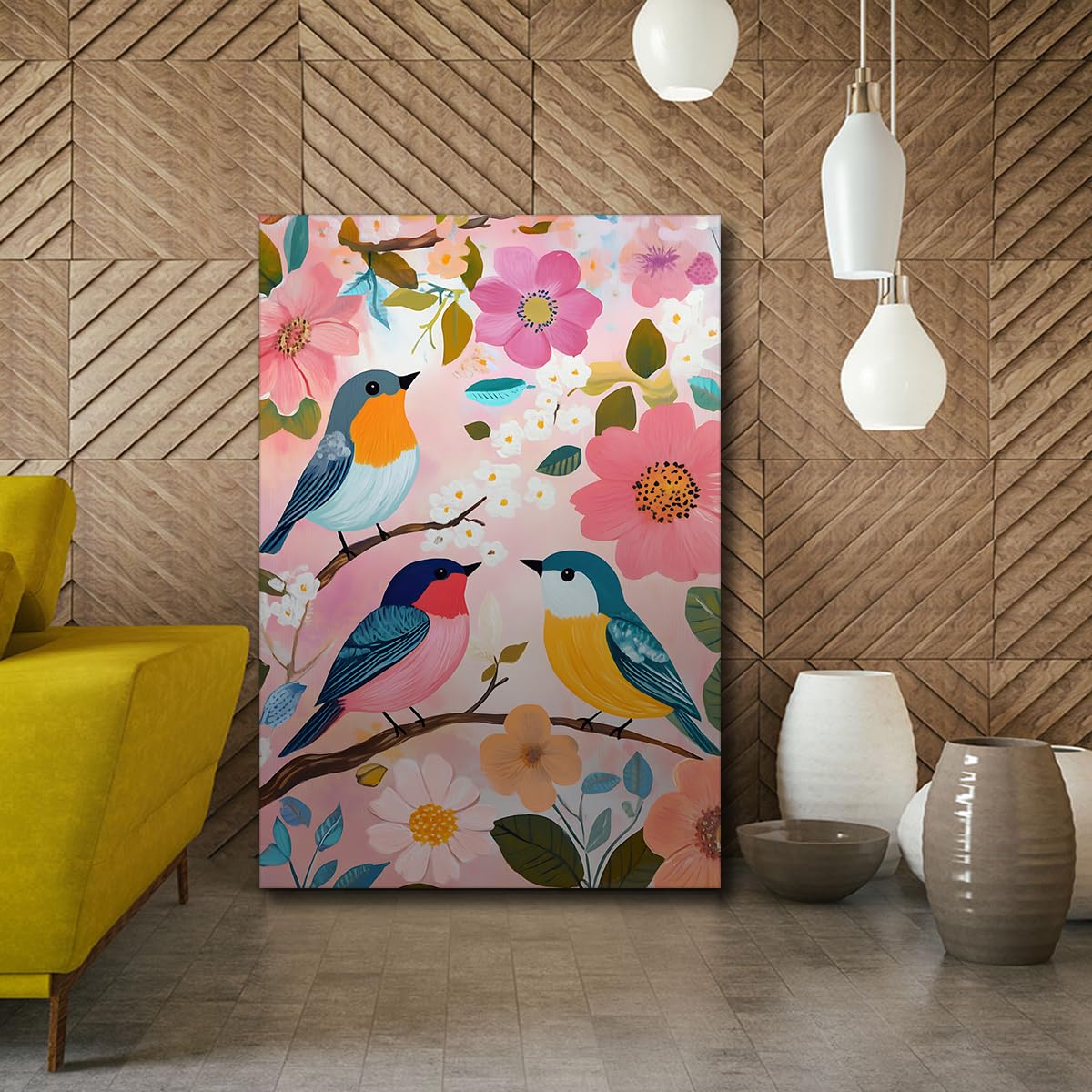 SHENGPOSTER Romantyczna sztuka ścienna różowy ptaki i kwiaty wydruki na płótnie elegancki salon sypialnia kuchnia styl boho wystrój domu gotowe do powieszenia zdjęcia ramka wewnętrzna 80 x 112 cm
