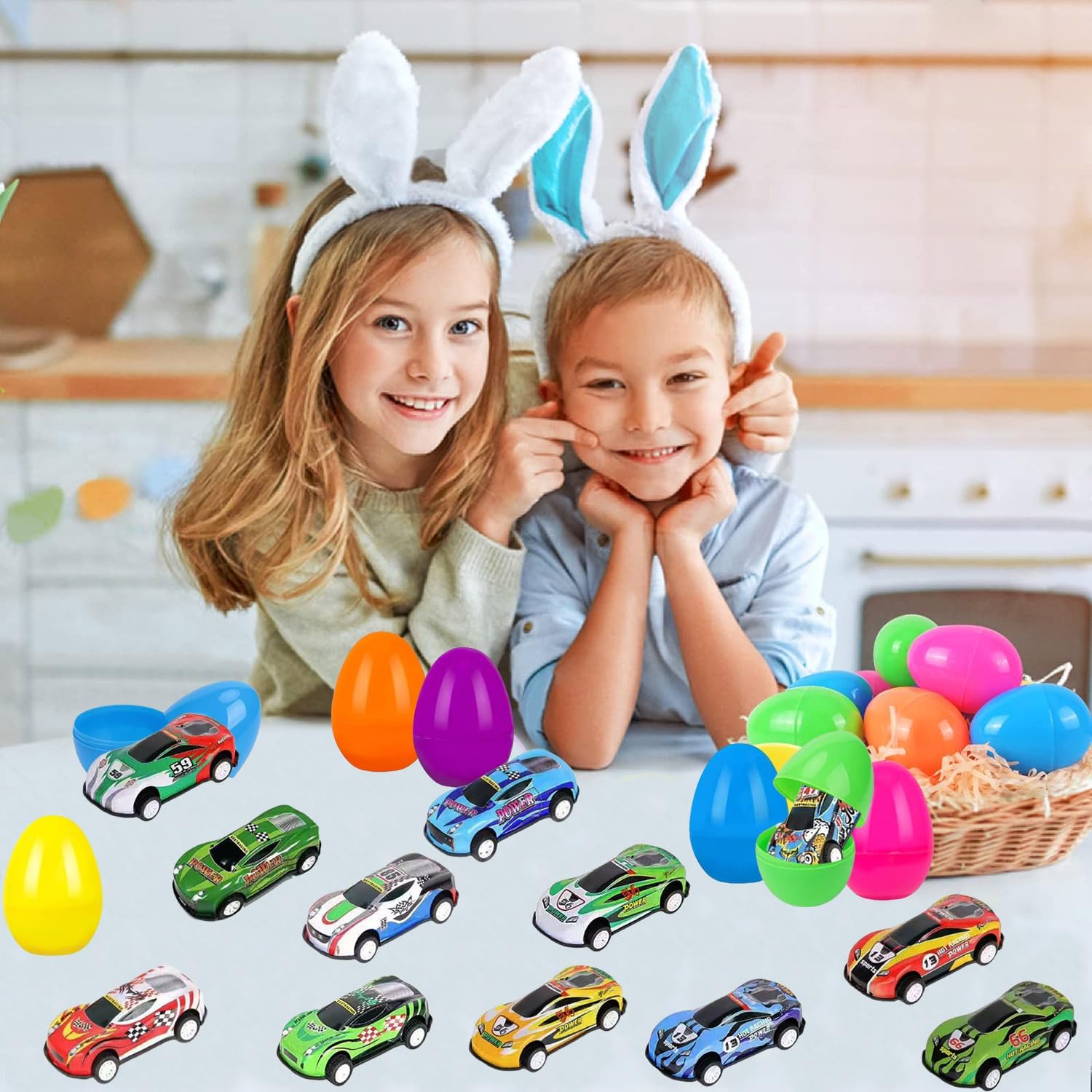 12 Pack Prefilled Easter Eggs with Toys Inside, Easter Eggs Filled Pull Back Racing Cars for Kids Easter Basket Stuffers, Easter Party Favors Supplies