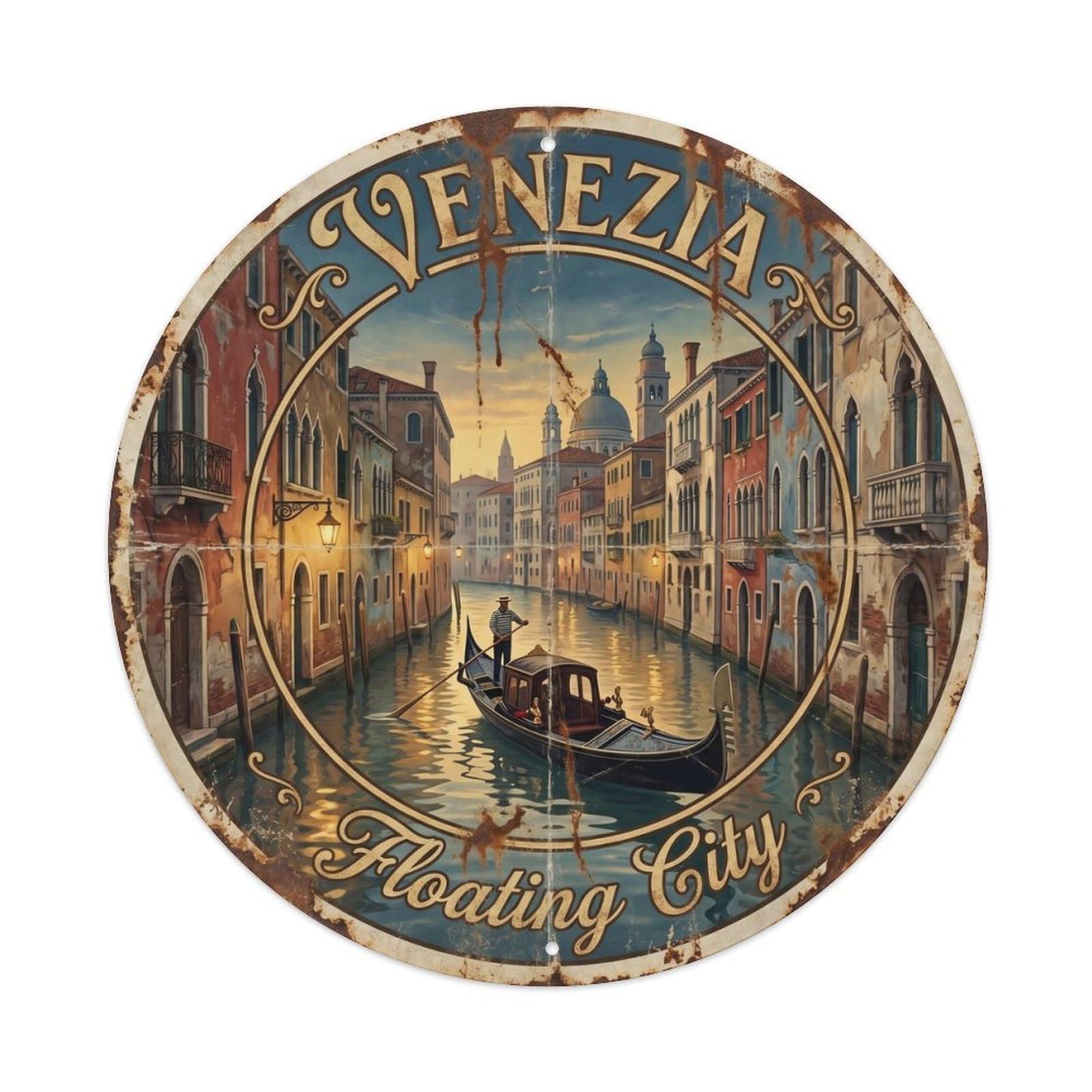 Vintage Travel Venice Gondola Canal Metal Tin Sign Plaque Wall Decor for Cafe, Club, Garden Round Metal Poster 8x8Inch