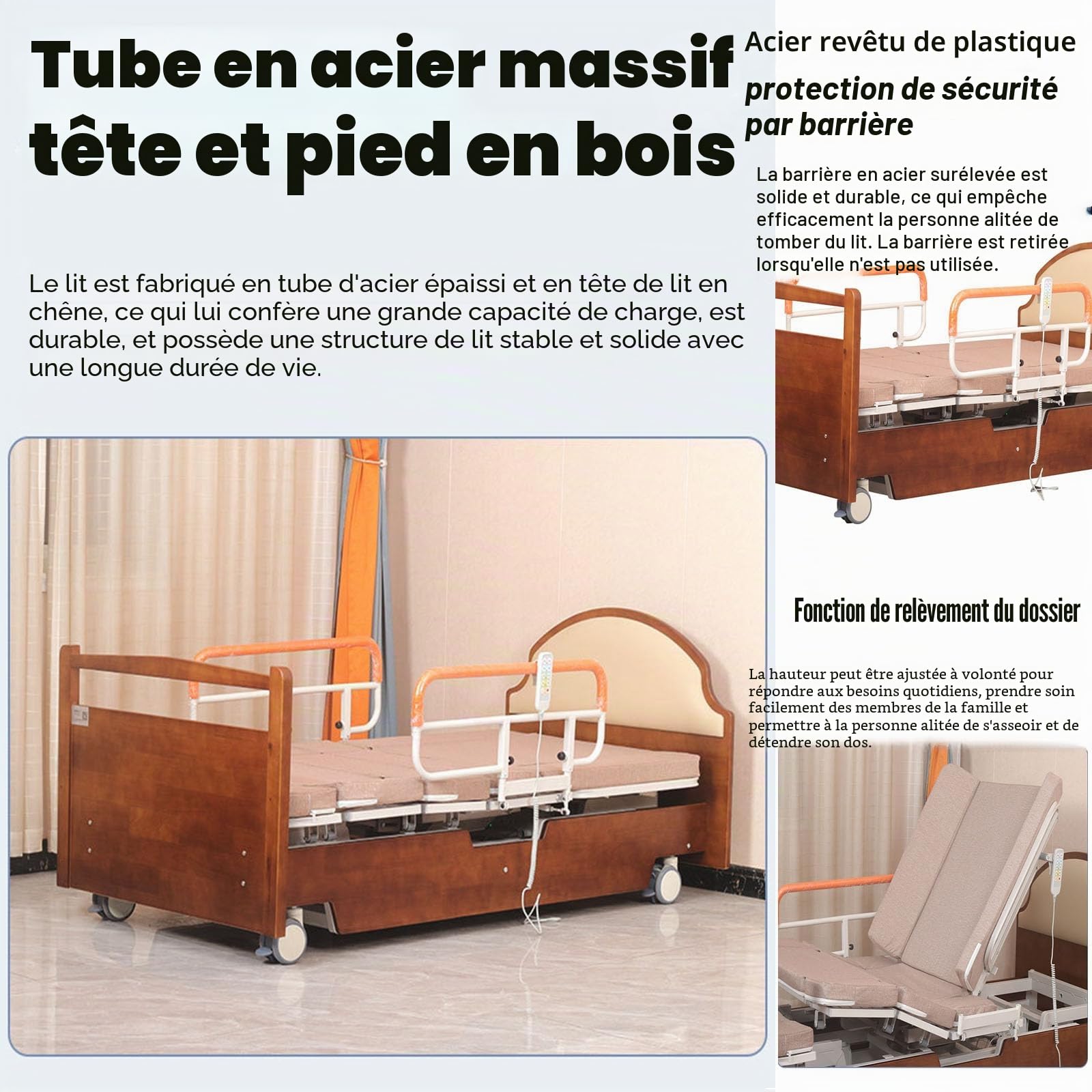 Lits d'hôpital avec 8 Fonctions de Rotation, lit médicalisé entièrement électrique avec Inclinaison latérale, Aide-Soignant à Domicile avec Roues silencieuses jusqu'à 240 kg