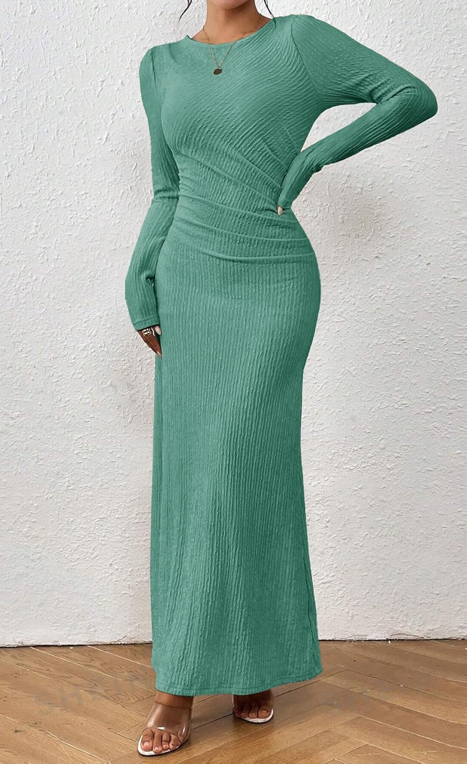 MITILLY Fall Dress for Women 2026 Long Sleeve Maxi Dress Formal Crew Neck Bodycon Ruched Cocktail Party Dresses - Image 4