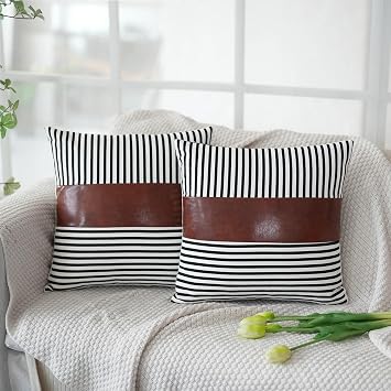 Stripe Patchwork Linen Throw Pillow Covers 18x18 Set of 2, Farmhouse Decor Outdoor Modern Faux Leather Accent Pillowcase for Sofa Couch Bedroom Living Room Car Black, 18" x 18"