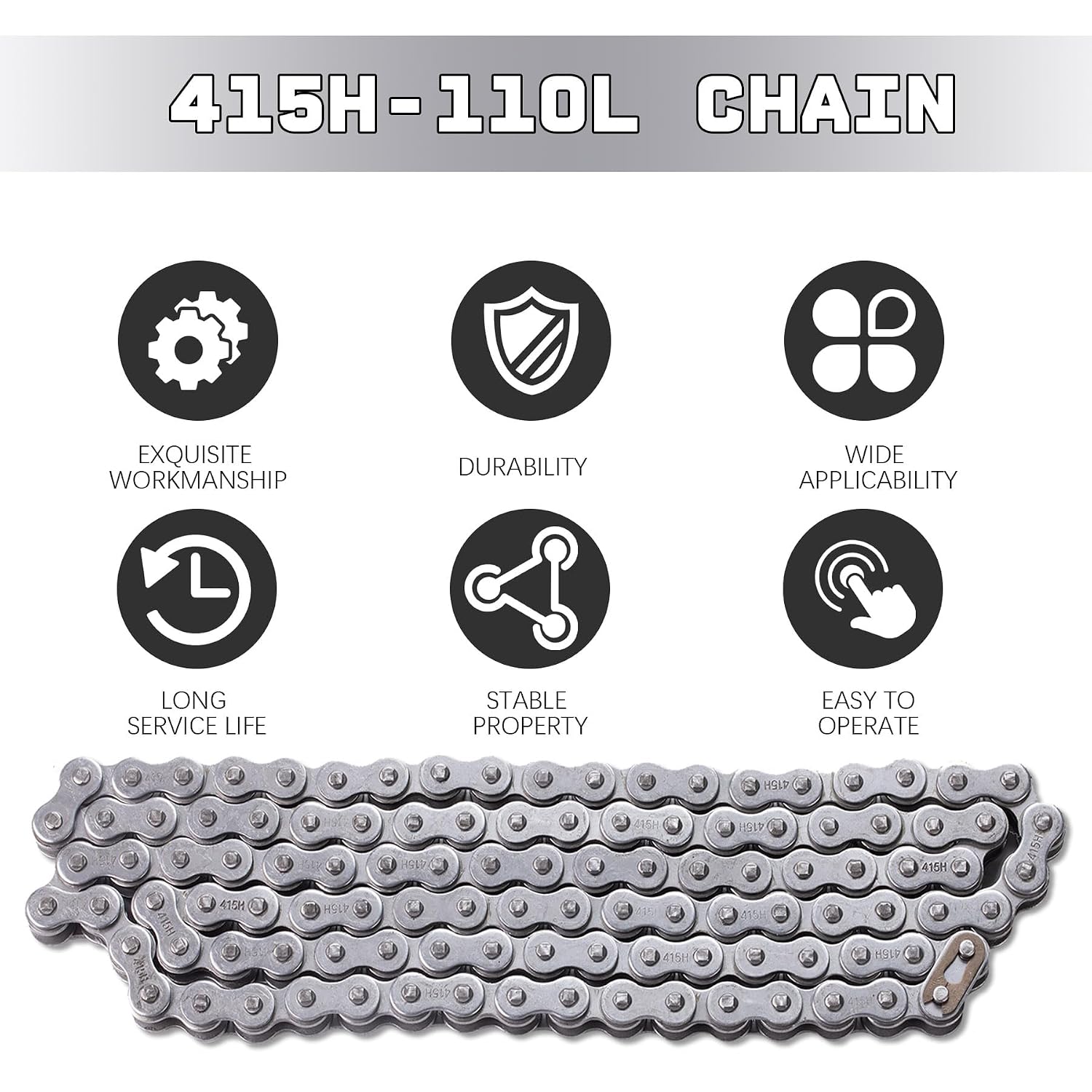 Image showing six icons representing product features: Exquisite Workmanship, Durability, Wide Applicability, Long Service Life, Stable Property, Easy to Operate.