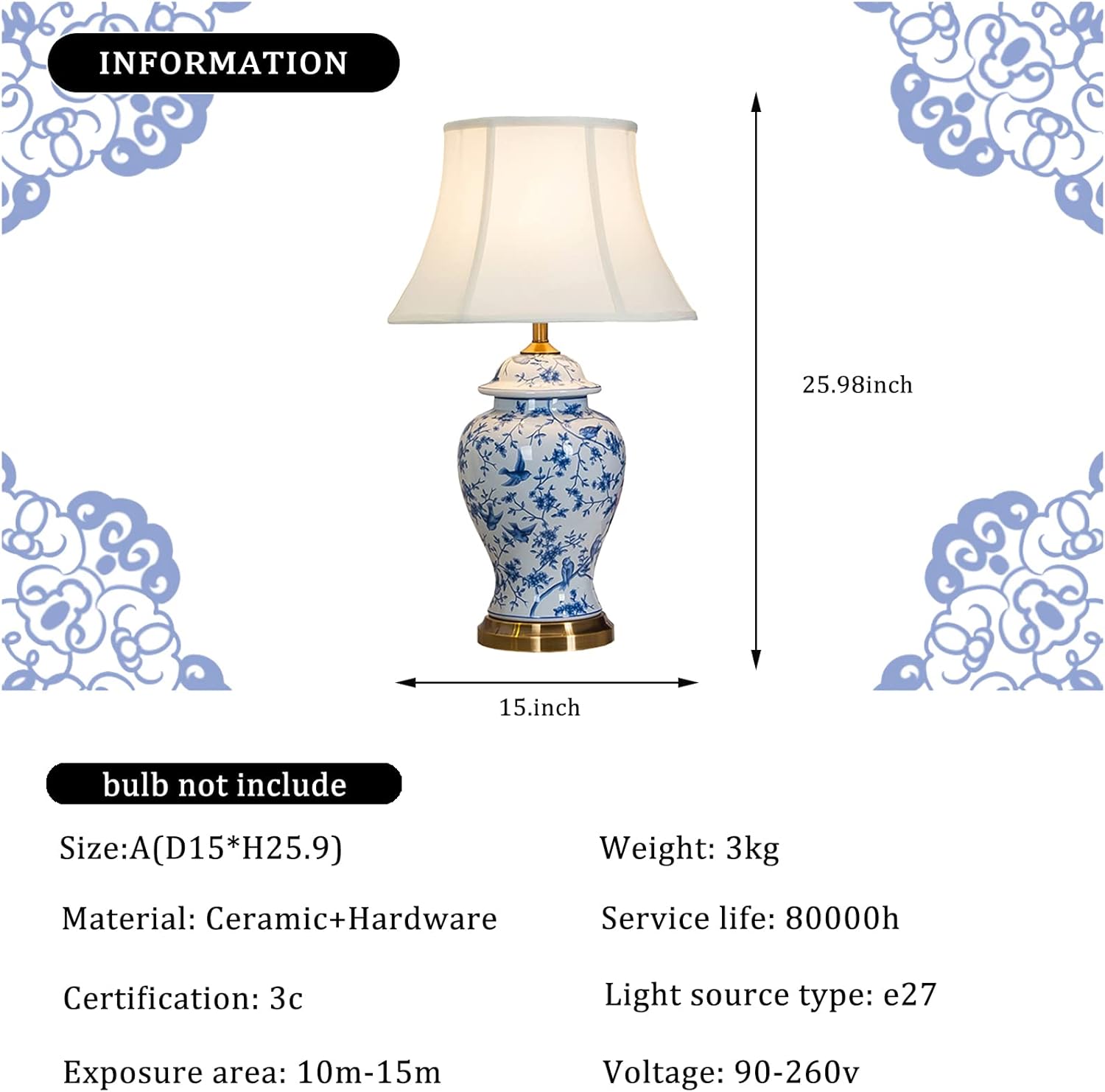PURESILKS Blue and White Ceramic Table Lamp Vintage 26" Hand-Painted Flowers and Birds Bedside lamp, Fabric Tapered Drum Shade,Chinoiserie Table Lamp for Living Room Bedroom