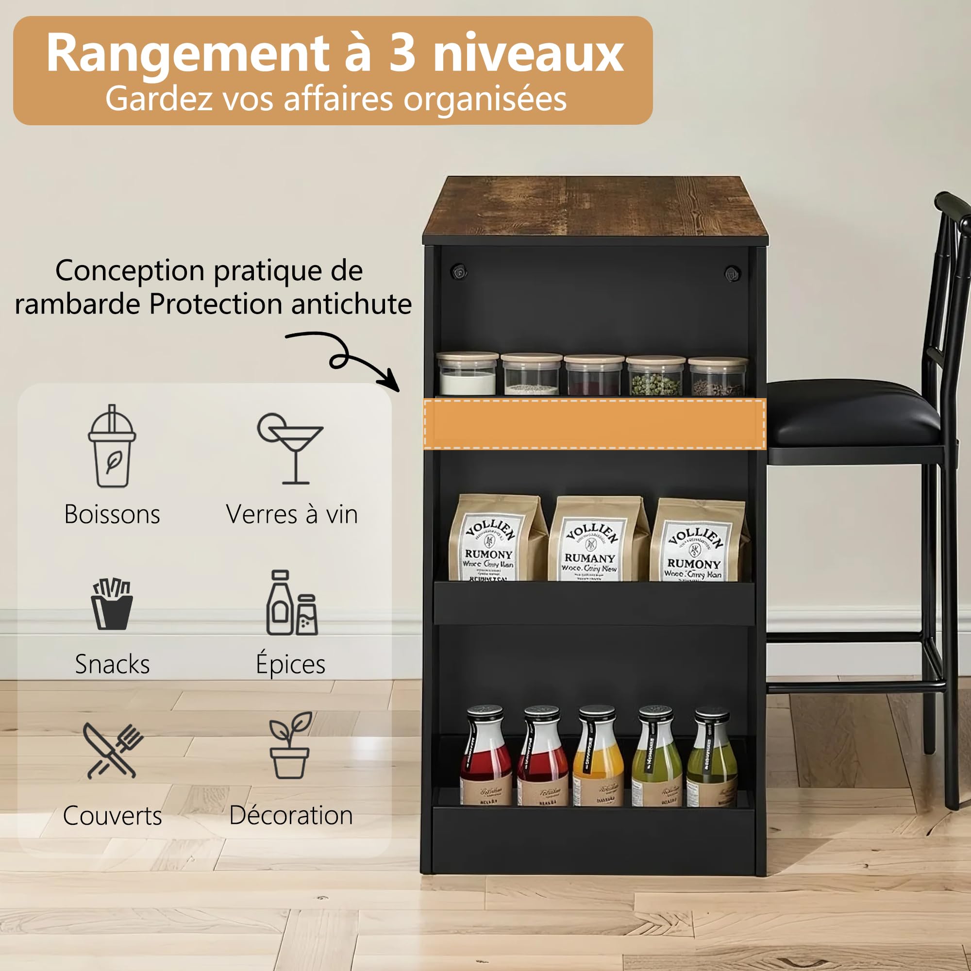VECELO Ensemble Table de Bar Industriel avec 2 Chaises Rembourrées, Table avec 3 Étagères de Rangement pour Salle à Manger, Cuisine, Salon, Bistrot, Marron