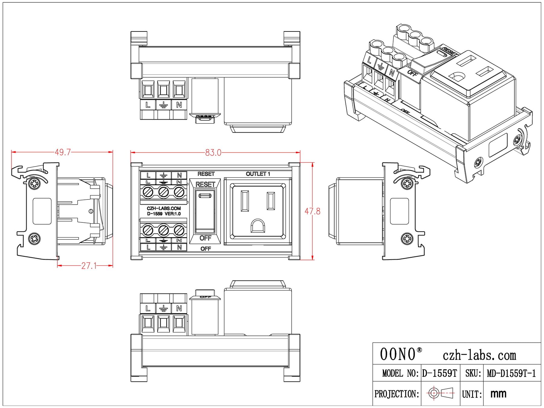 Snapklik.com : DIN Rail Mount AC 120V NEMA 5-15R Single Receptacle ...